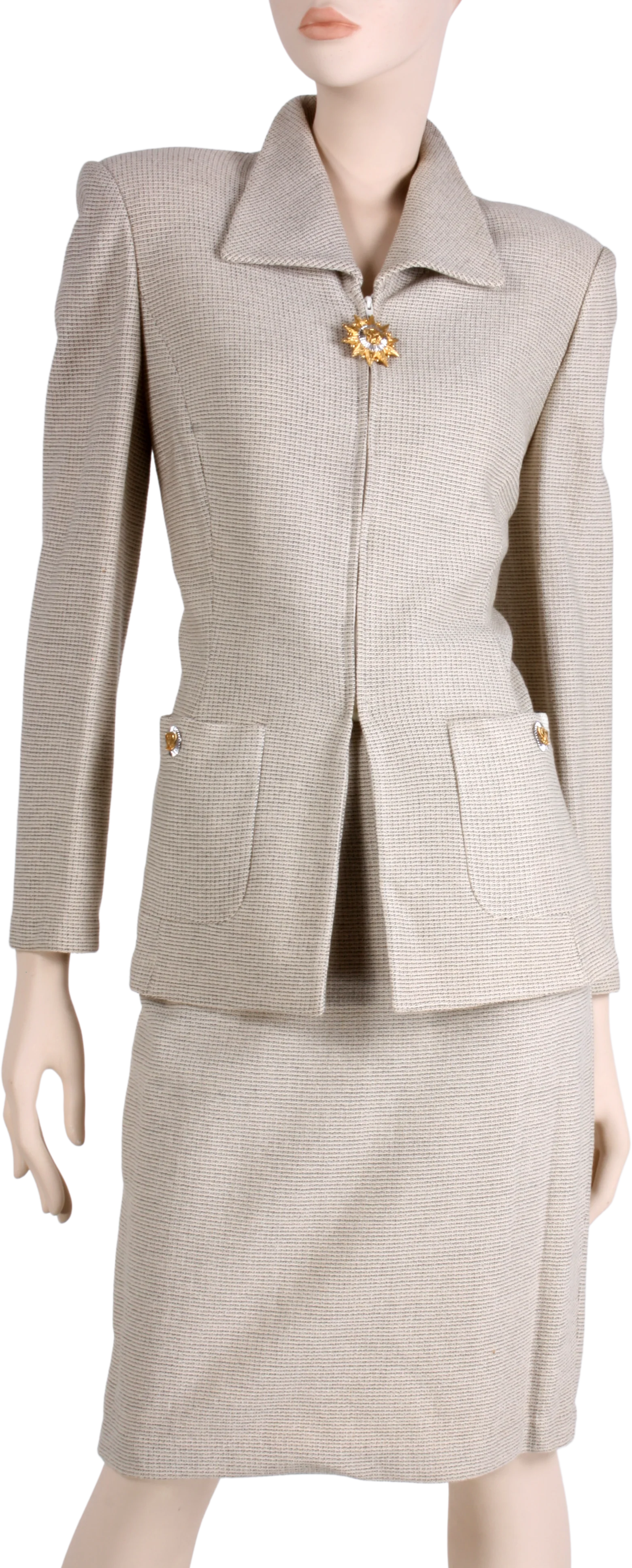 80s/90s Beige Santana Knit Tweed Jacket Top Skirt Suit Set By St. John