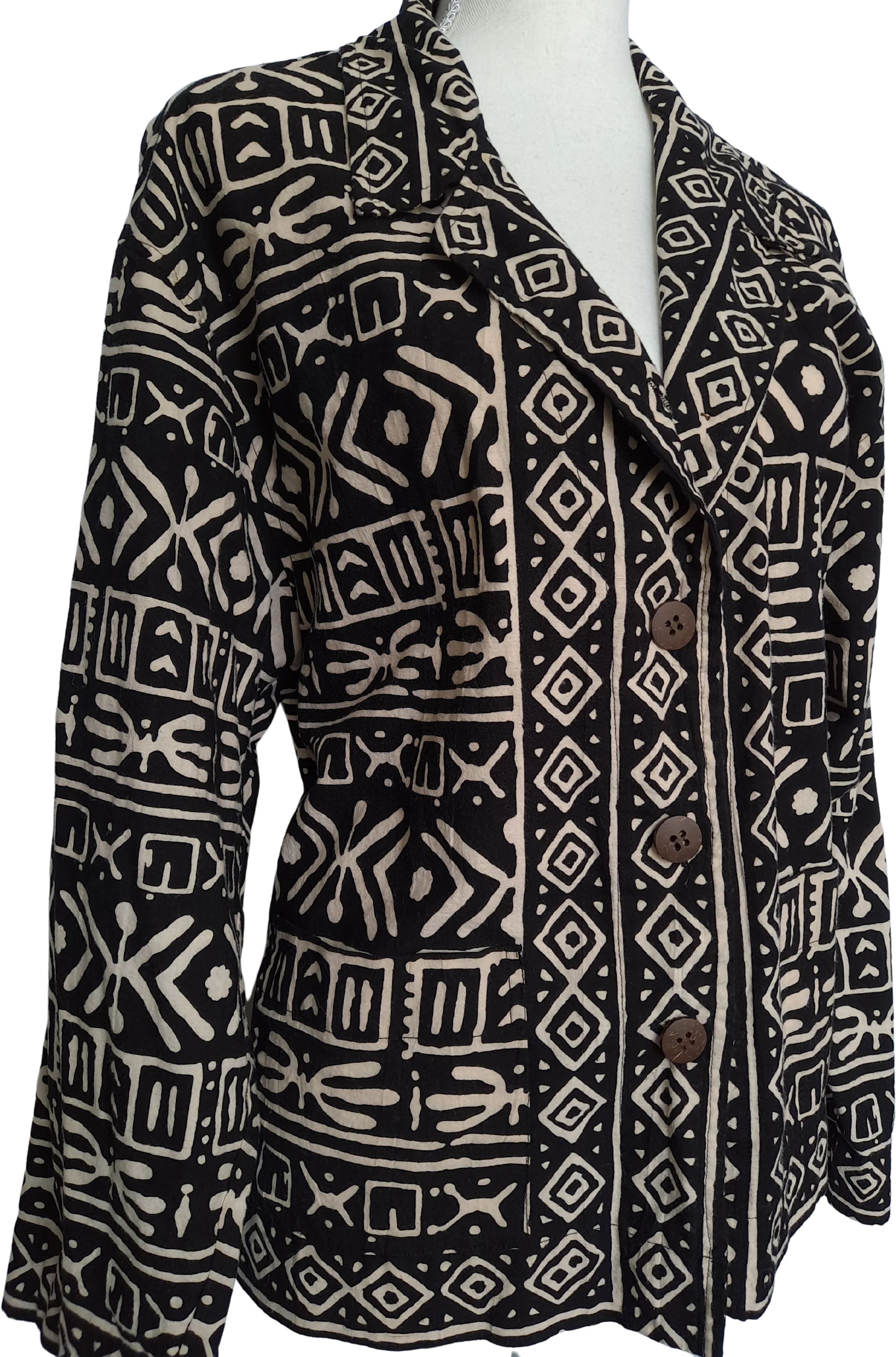 80s/90s Black And Ivory Thin Cotton Tribal Blazer By Chicos
