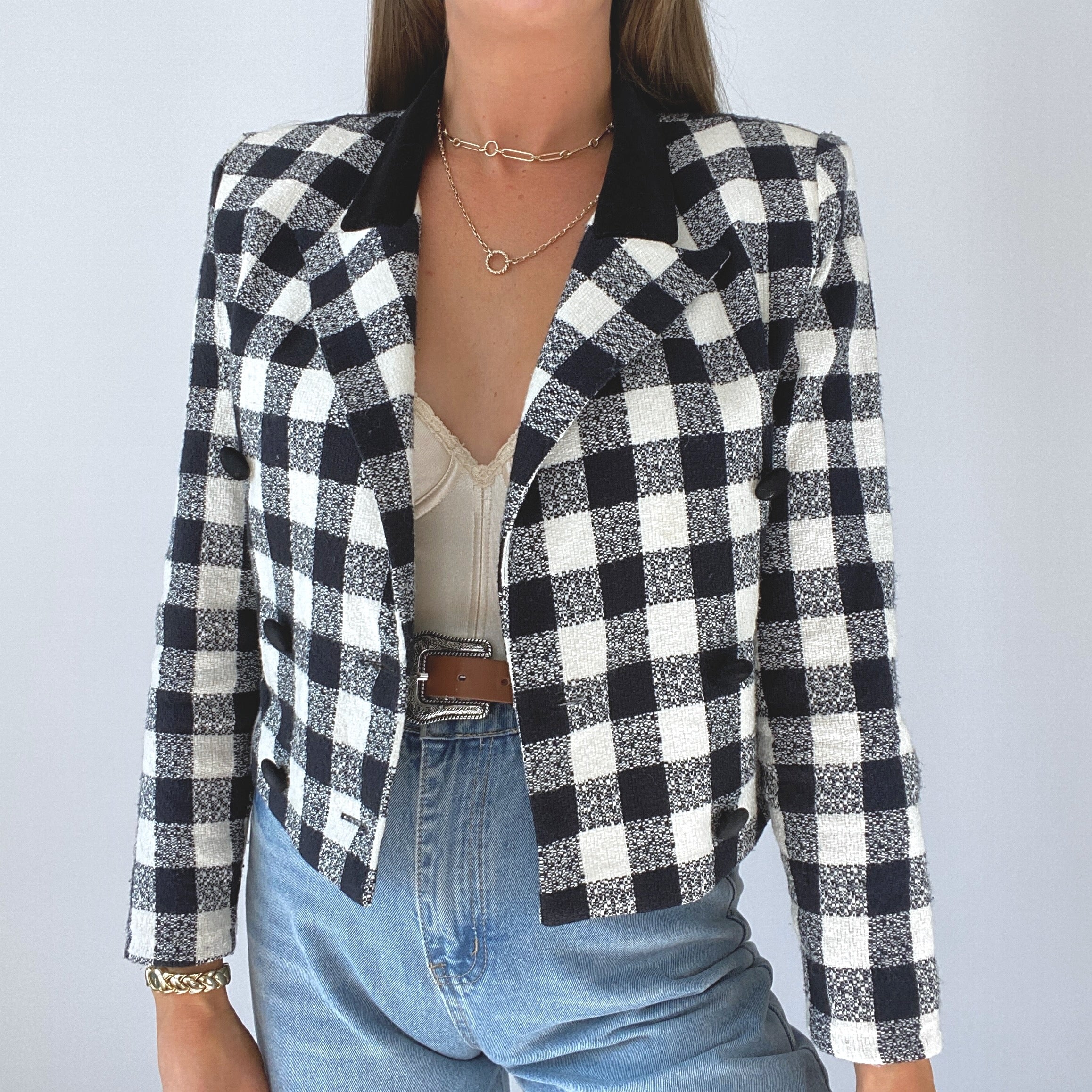 80s/90s Black And White Gingham Cropped Blazer - Image 3