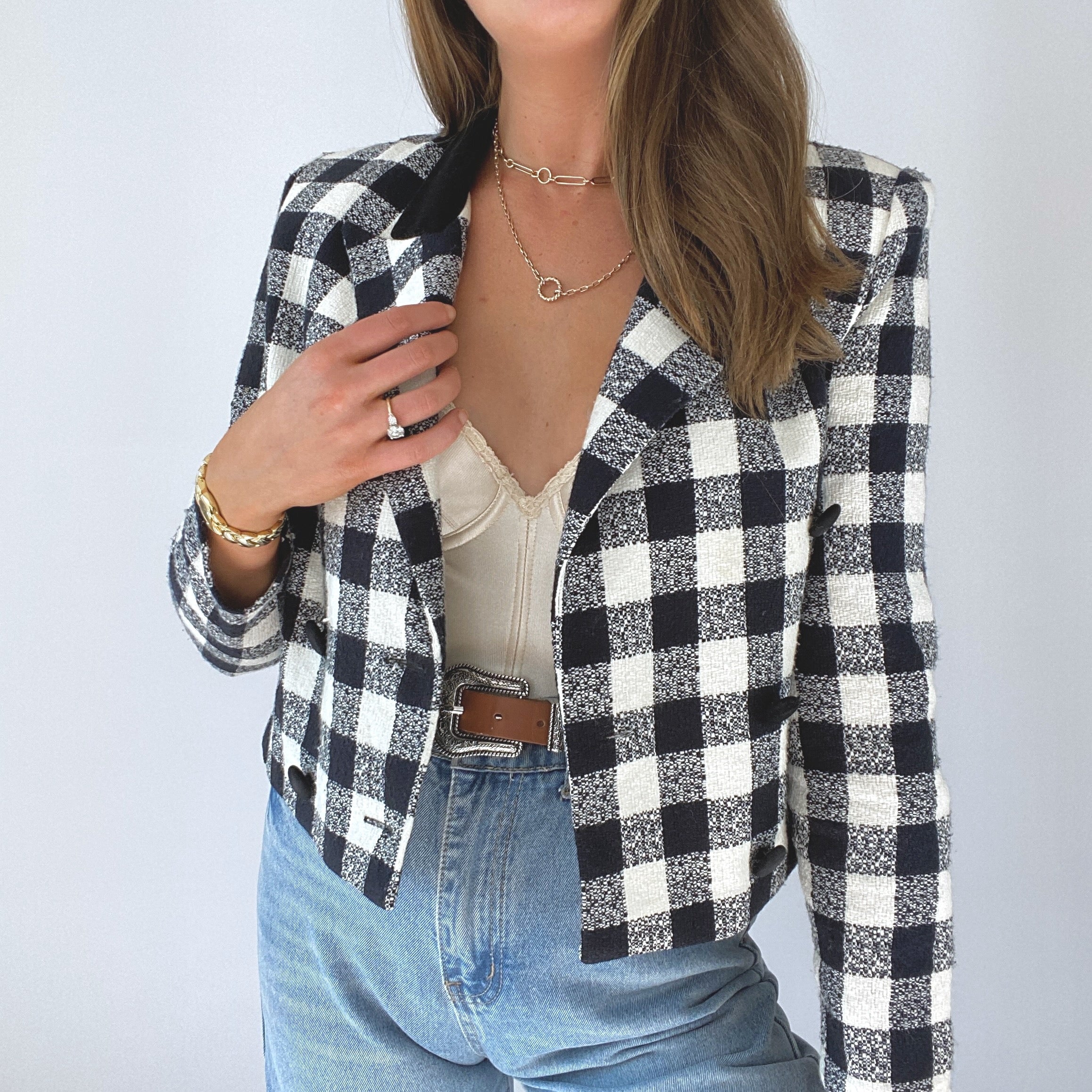 80s/90s Black And White Gingham Cropped Blazer - Image 5
