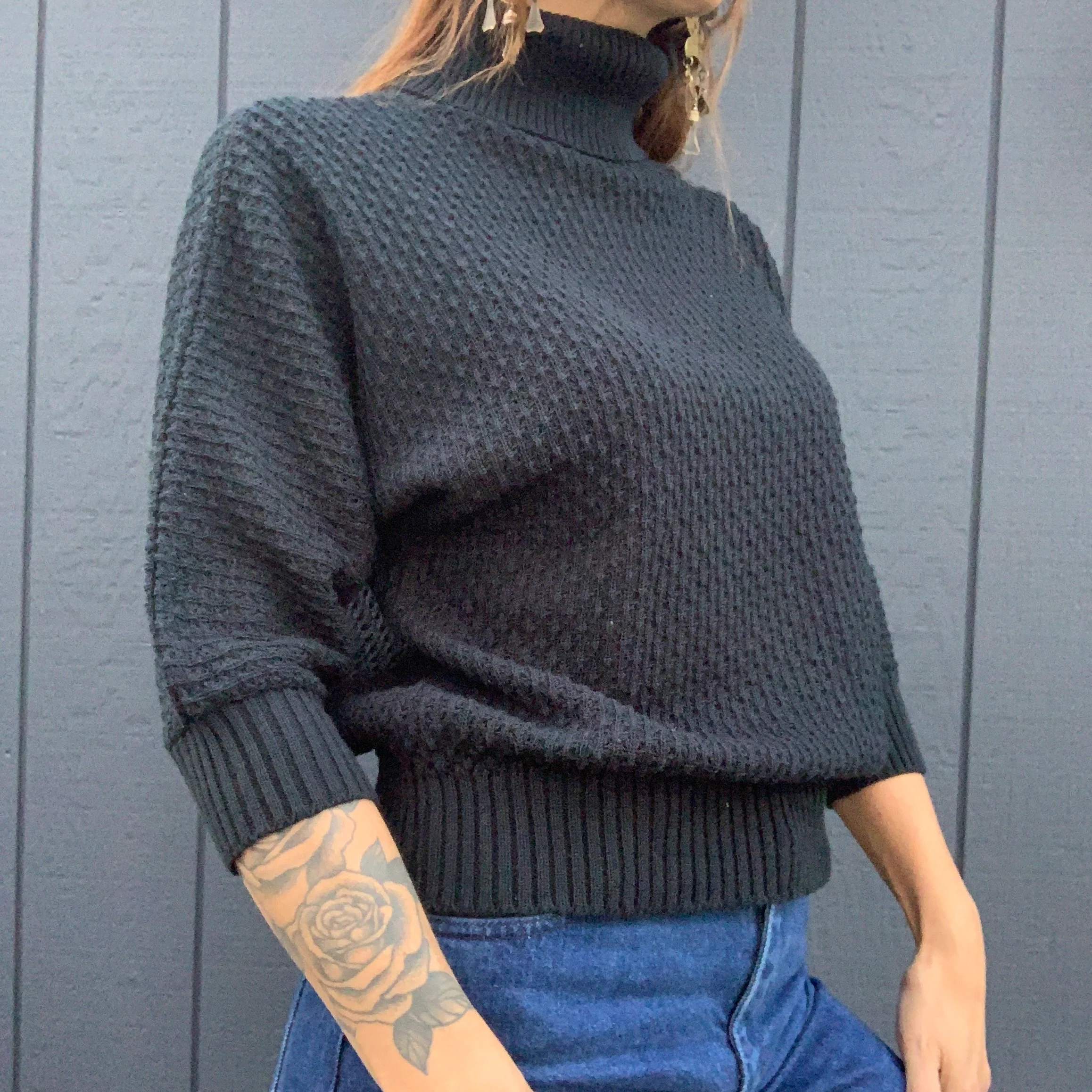 80s/90s Black Batwing Turtleneck Sweater By Kenneth Too - Image 3