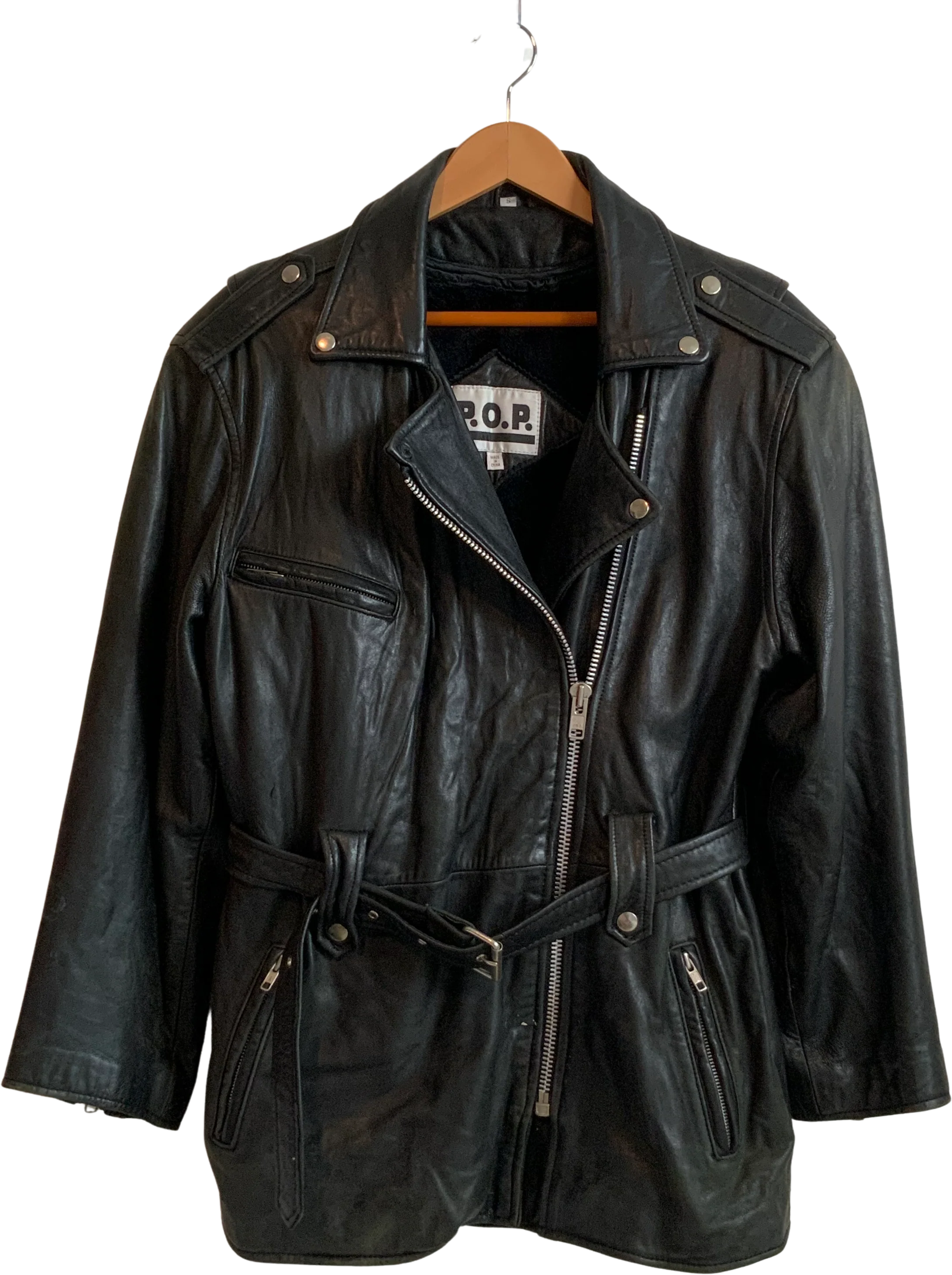 80s/90s Black Belted Broken In Motorcycle Biker Jacket By Pop