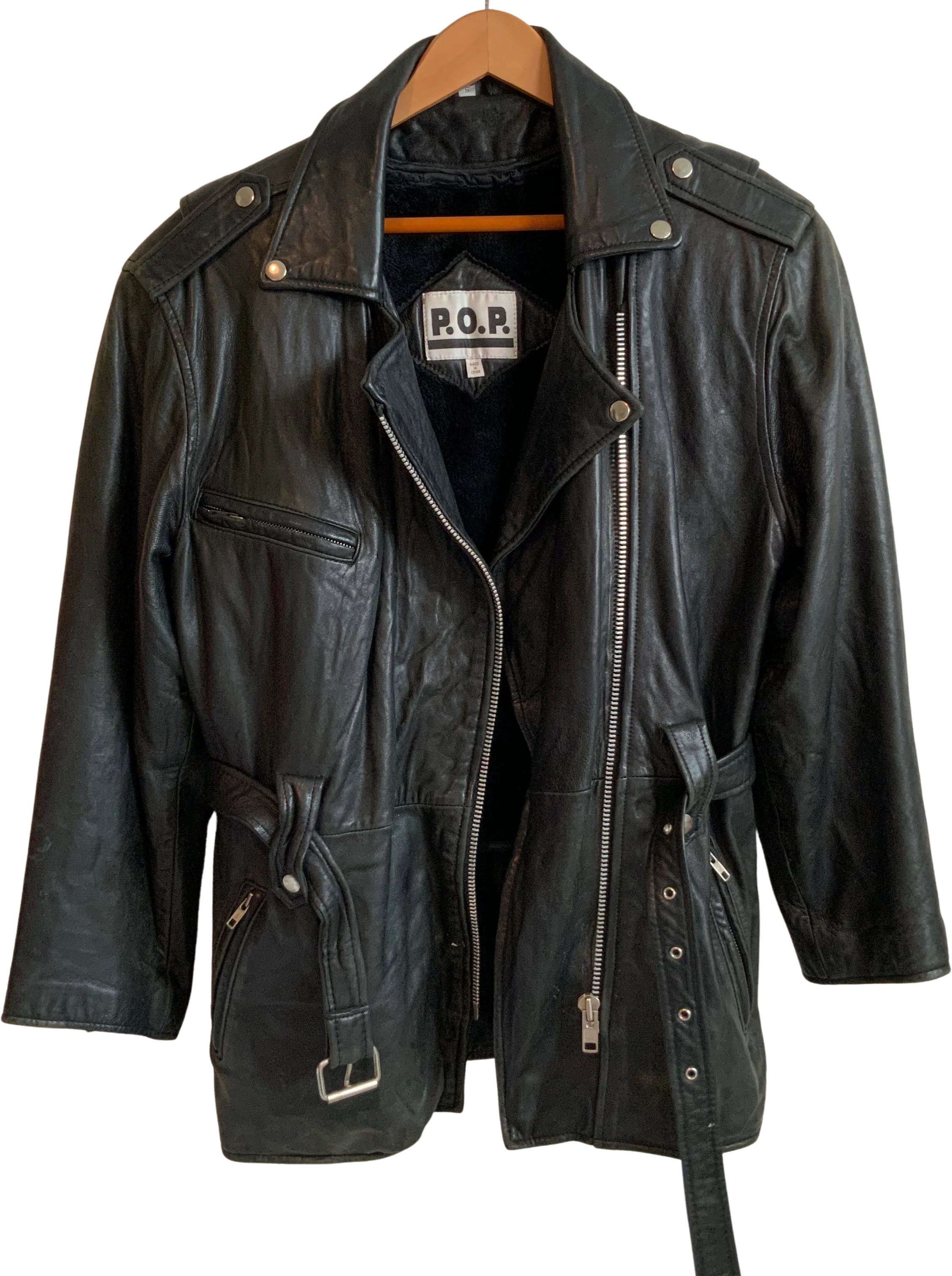 80s/90s Black Belted Broken In Motorcycle Biker Jacket By Pop - Image 2