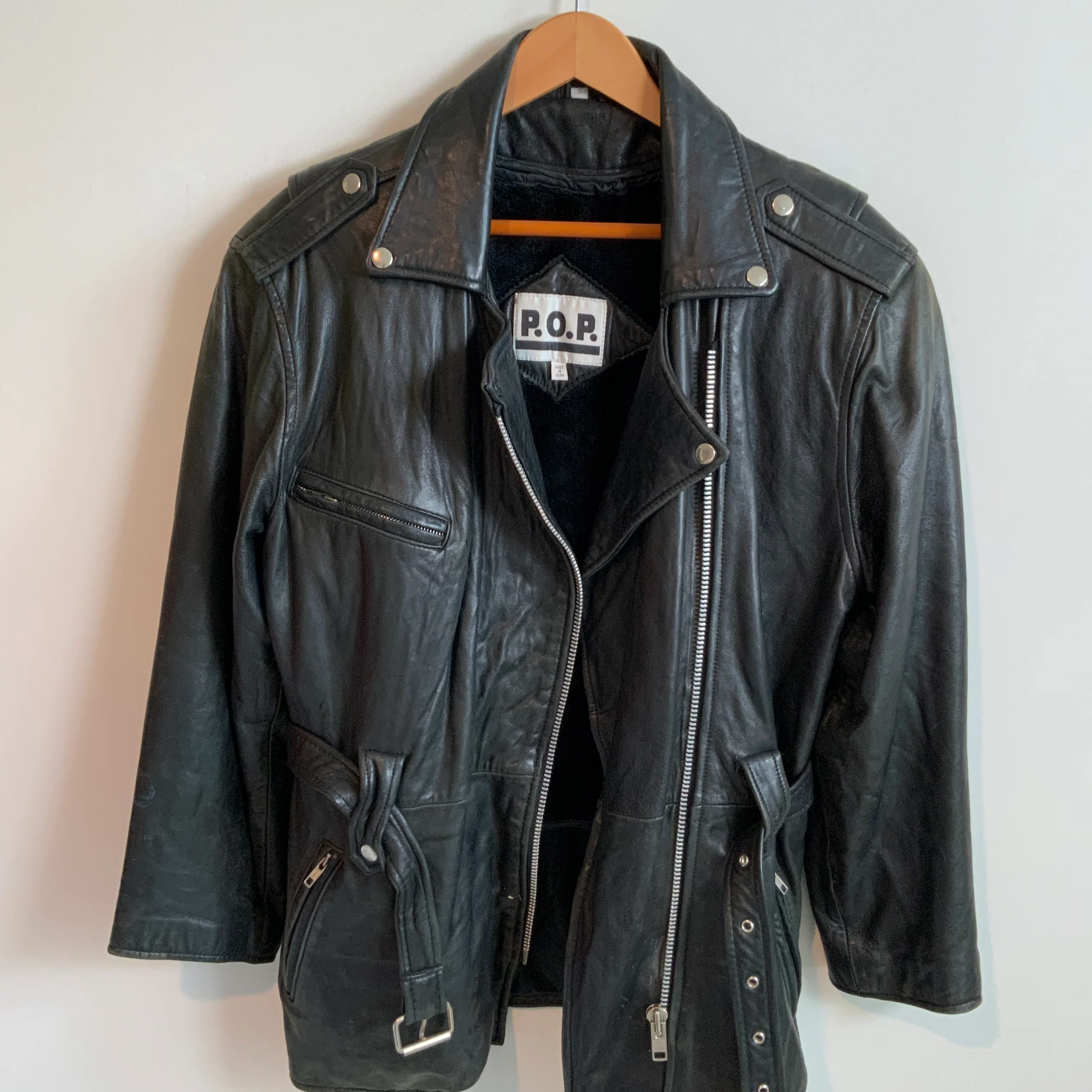 80s/90s Black Belted Broken In Motorcycle Biker Jacket By Pop - Image 3