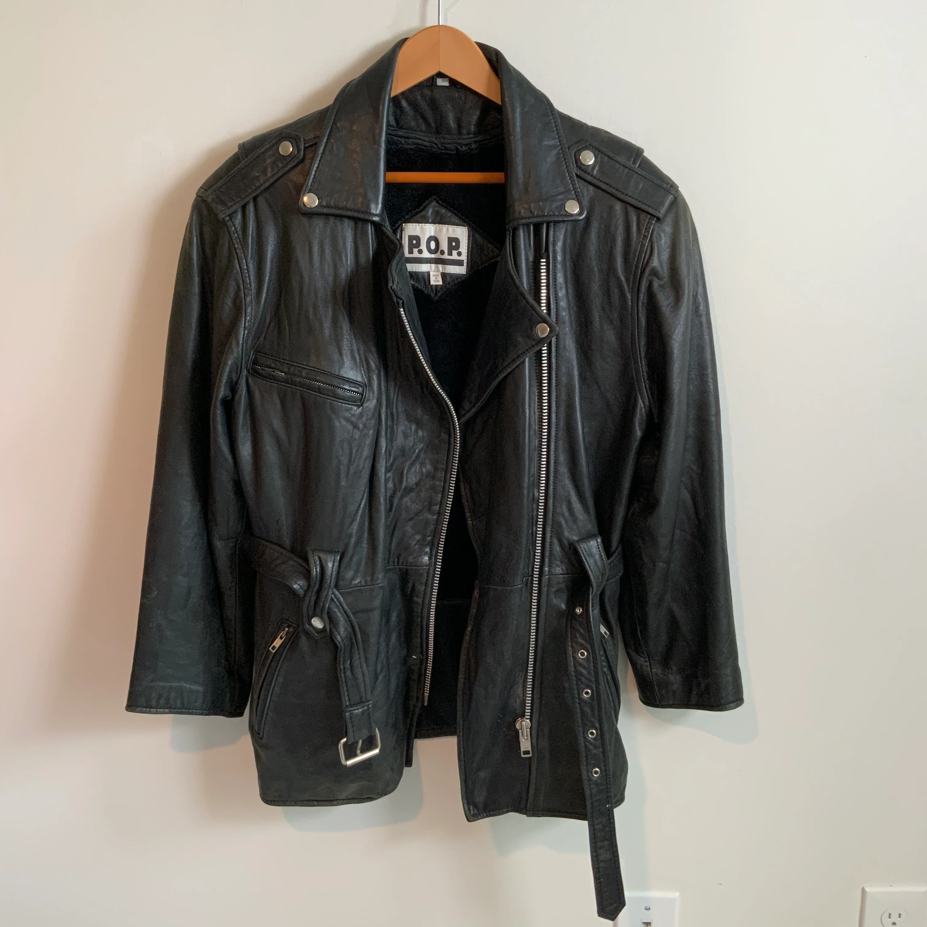 80s/90s Black Belted Broken In Motorcycle Biker Jacket By Pop - Image 4
