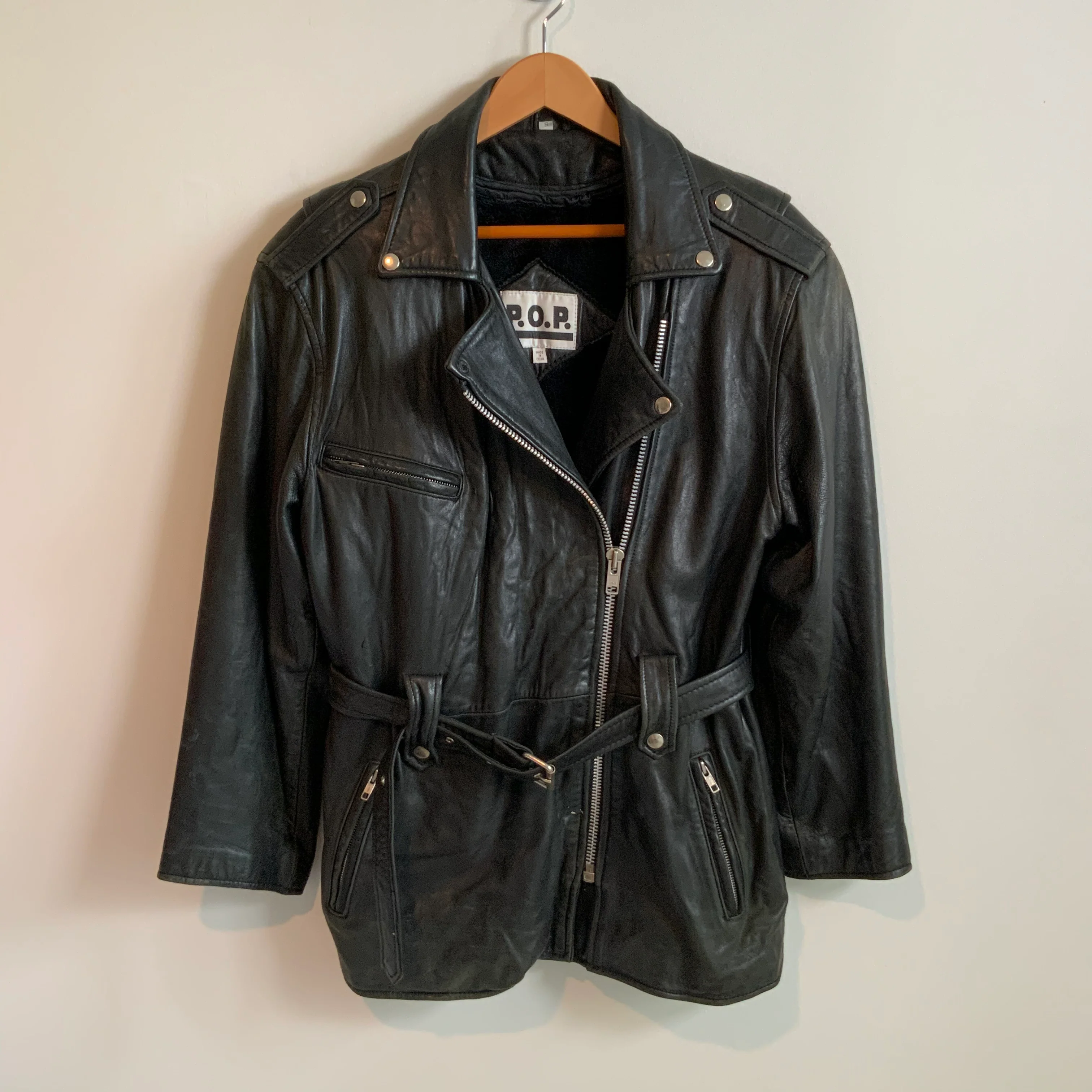 80s/90s Black Belted Broken In Motorcycle Biker Jacket By Pop - Image 6