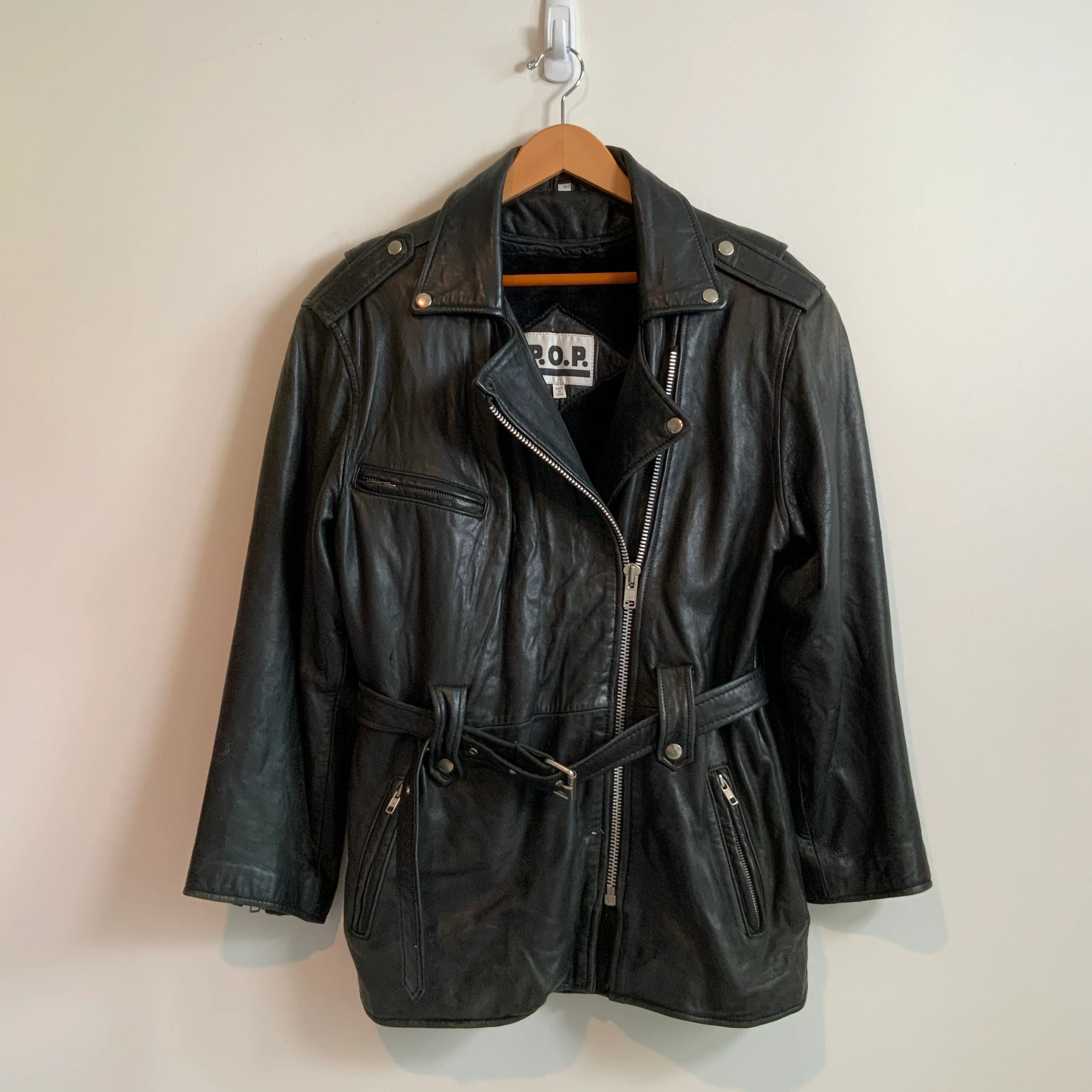 80s/90s Black Belted Broken In Motorcycle Biker Jacket By Pop - Image 7