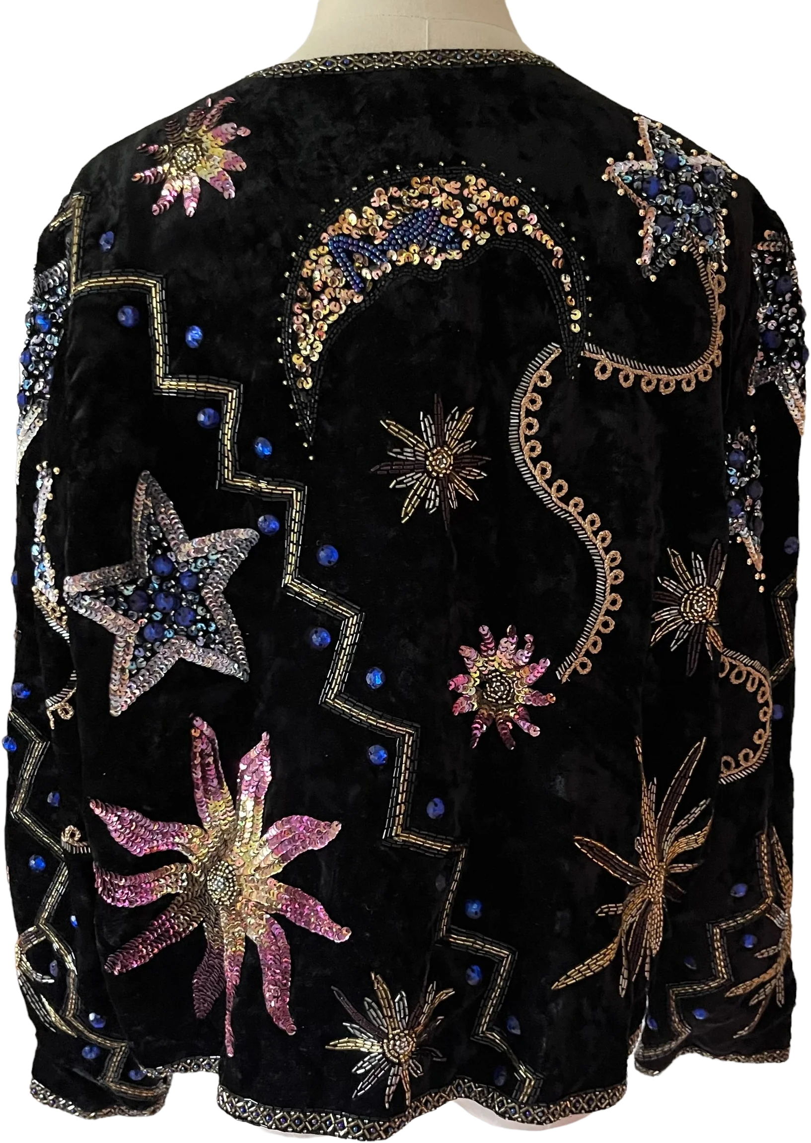 80s/90s Black Crushed Velvet Beaded Star Evening Jacket By Ja Resort - Image 2