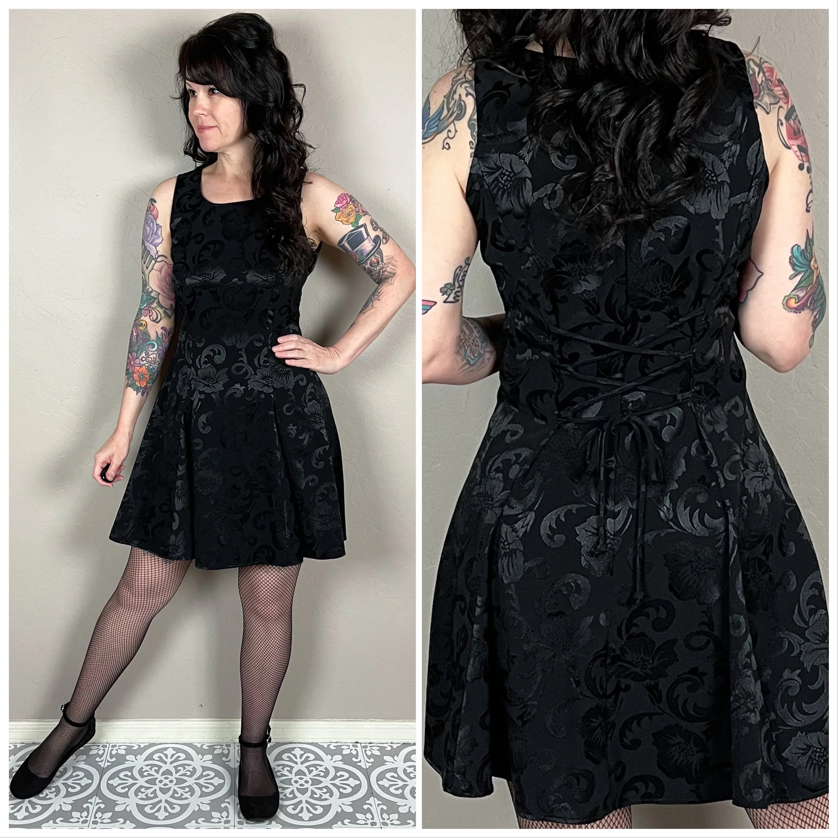 80s/90s Black Floral Sleeveless Corset Skater Mini Dress By Be Smart - Image 2