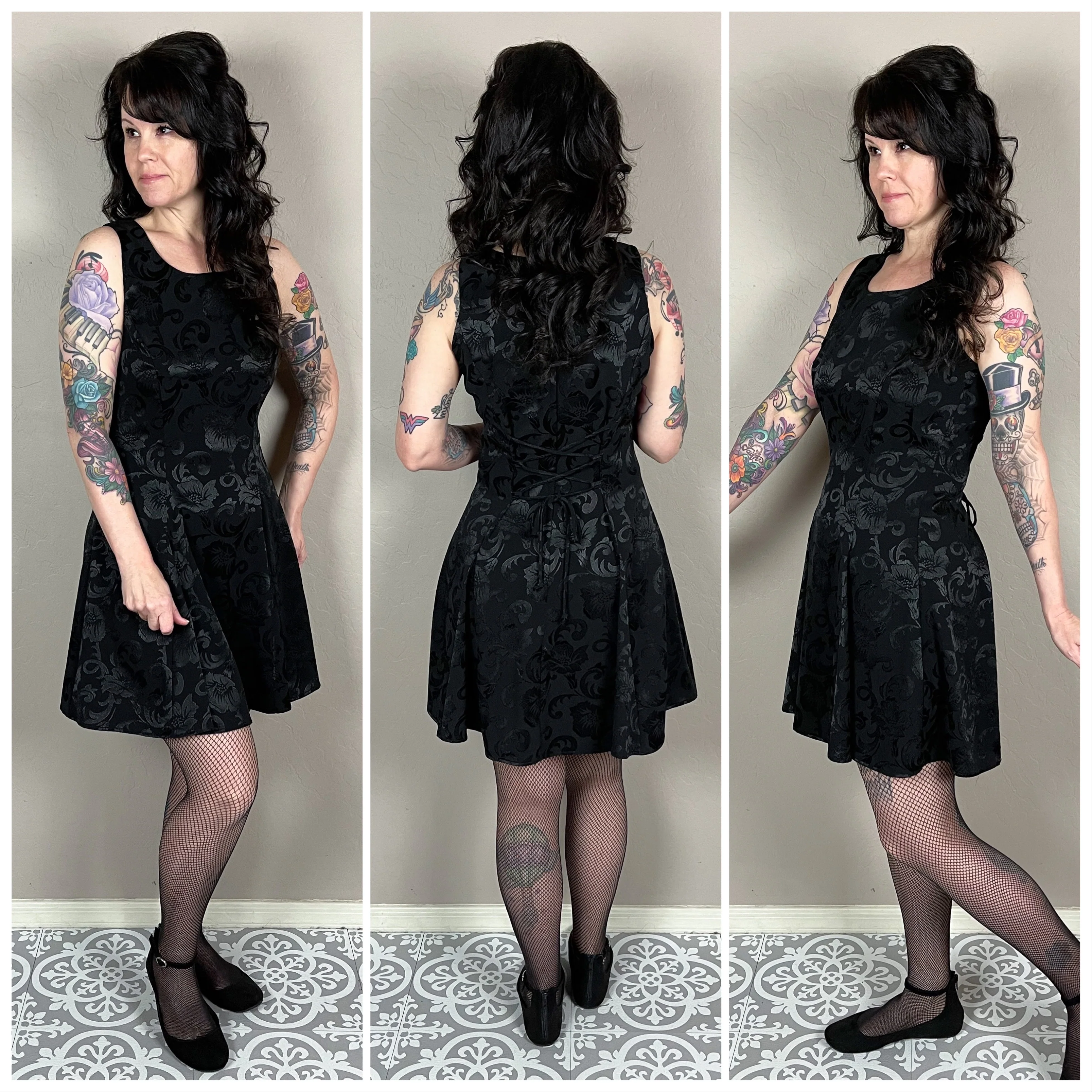 80s/90s Black Floral Sleeveless Corset Skater Mini Dress By Be Smart - Image 3