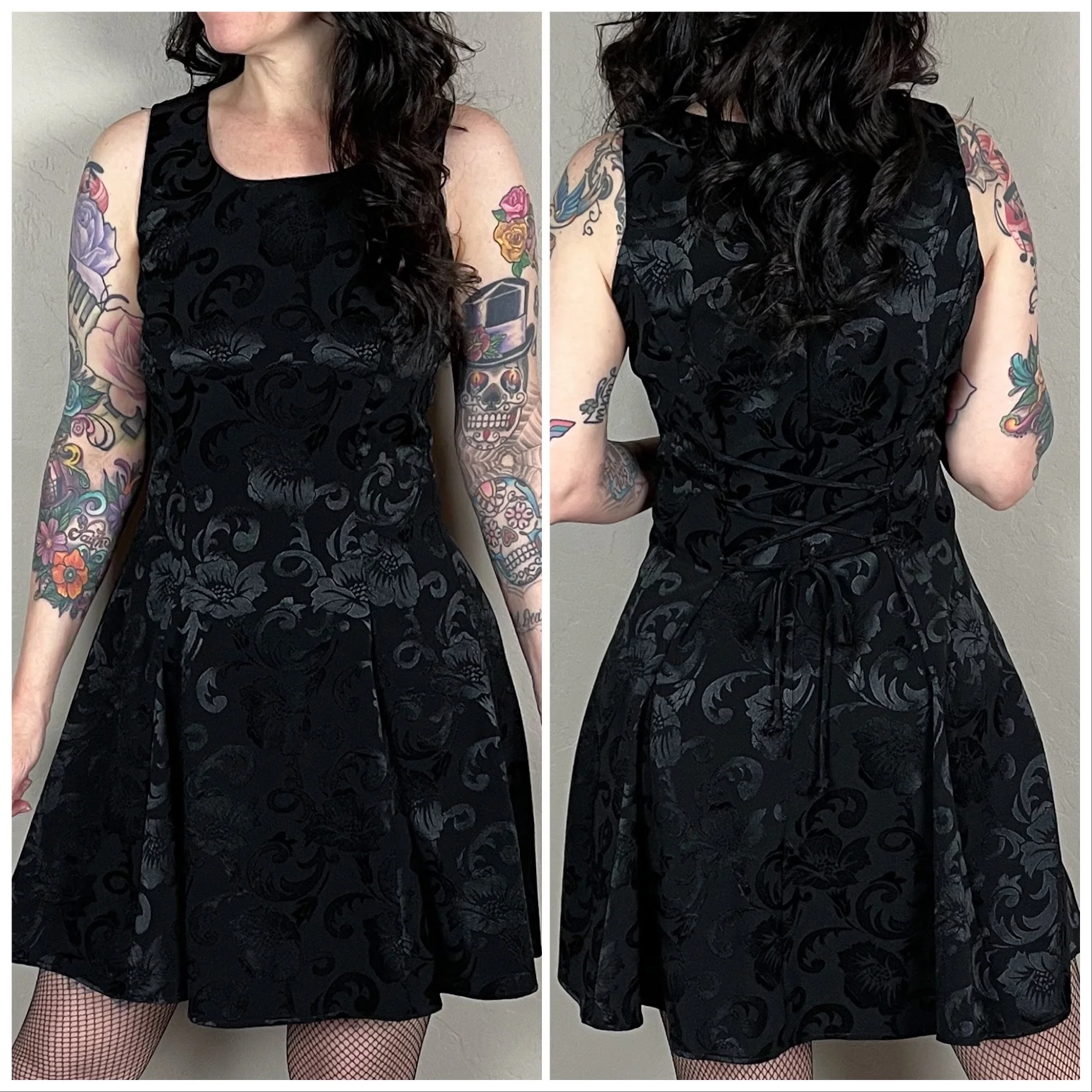 80s/90s Black Floral Sleeveless Corset Skater Mini Dress By Be Smart - Image 4