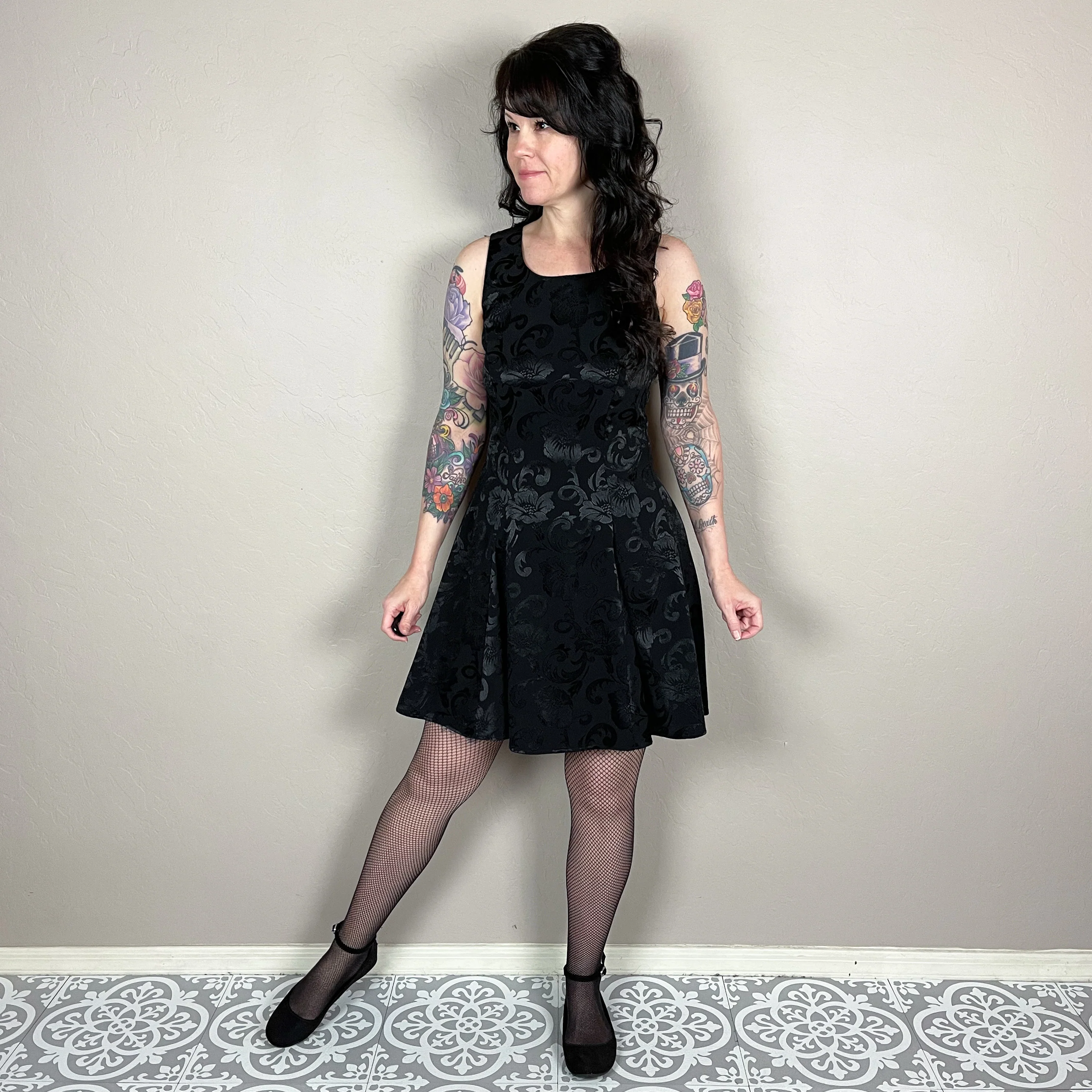 80s/90s Black Floral Sleeveless Corset Skater Mini Dress By Be Smart - Image 5
