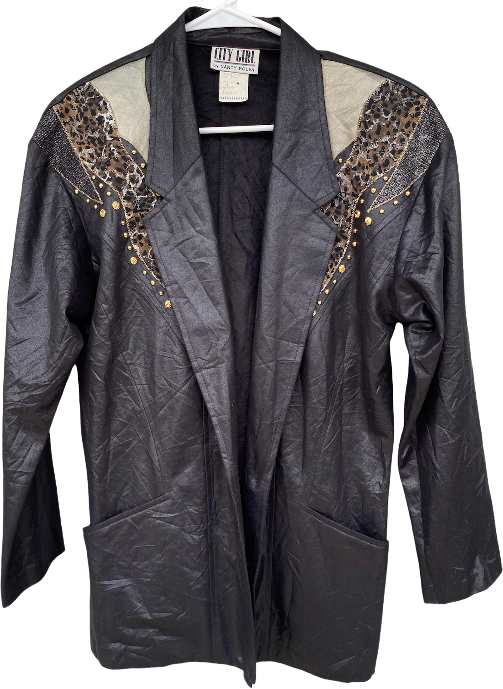 80s/90s Black Gold And Leopard Studded Light Blazer Pocket By City Girl by Nancy Bolen