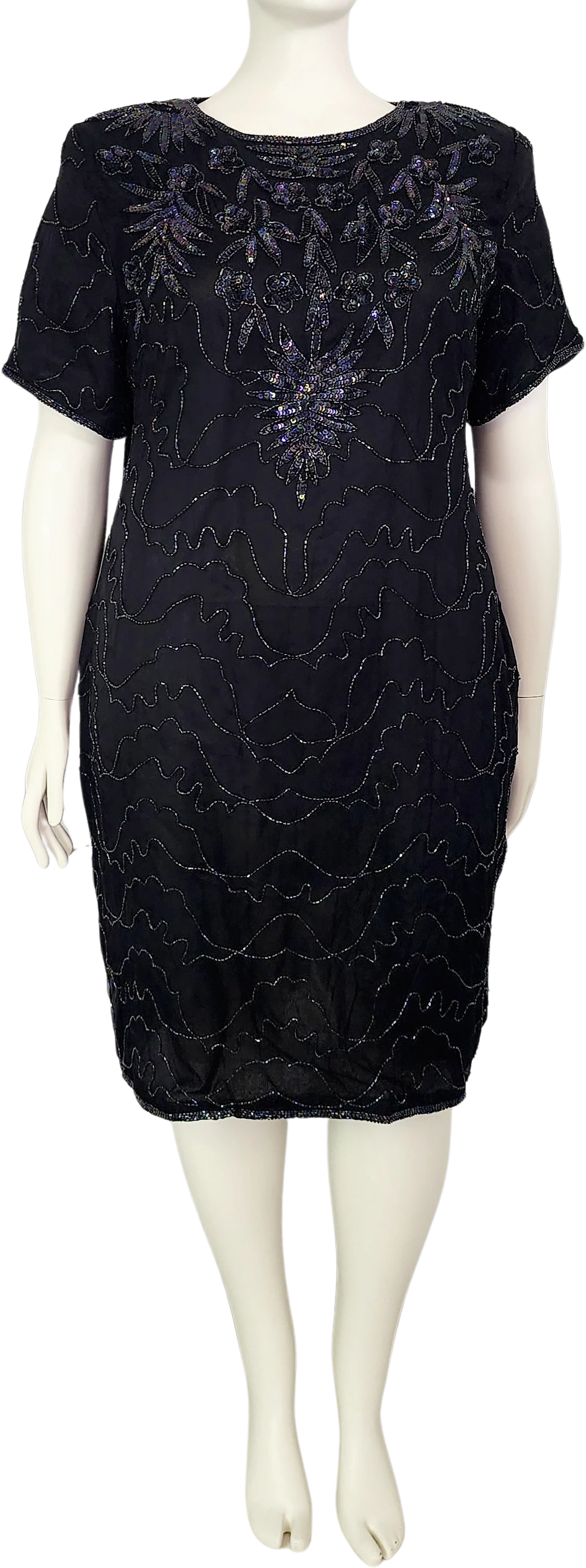 80s/90s Black Iridescent Beaded Silk Dress Keyhole Back By Sweet Sue