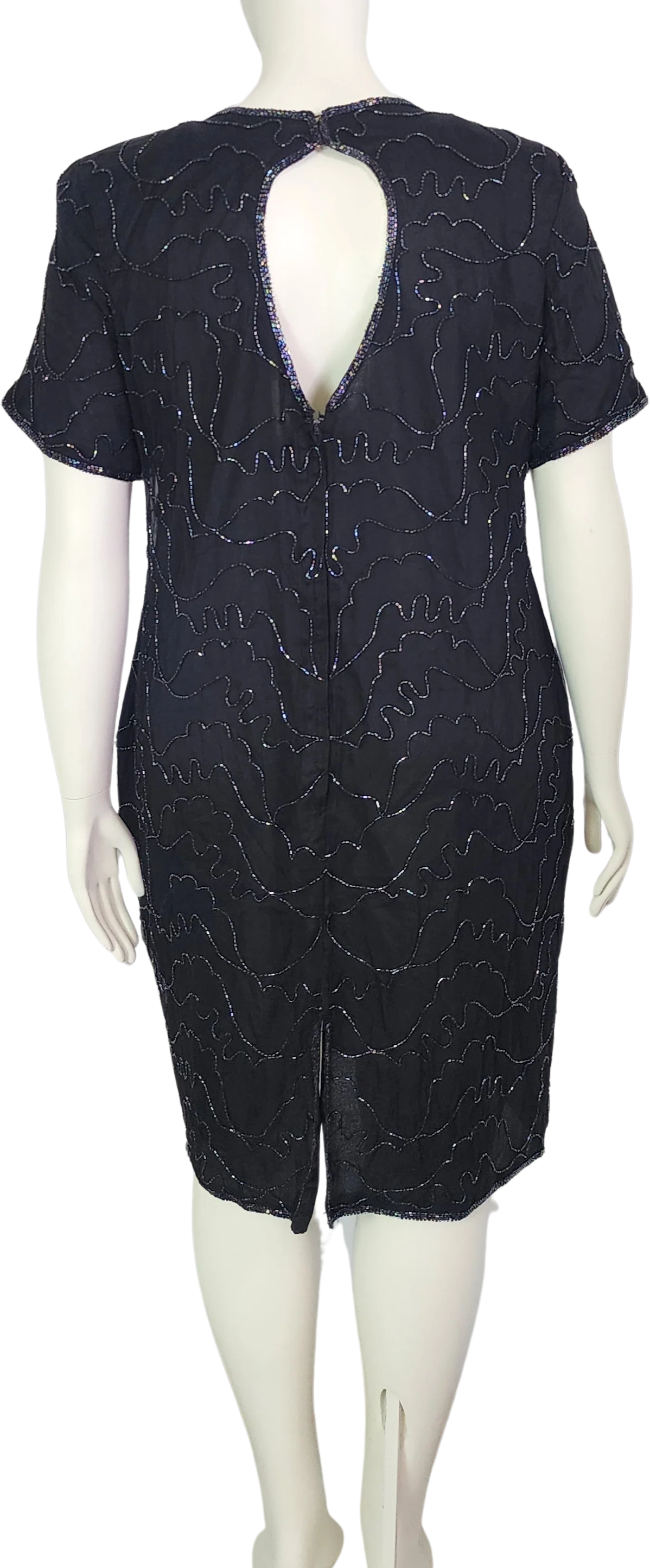 80s/90s Black Iridescent Beaded Silk Dress Keyhole Back By Sweet Sue - Image 2