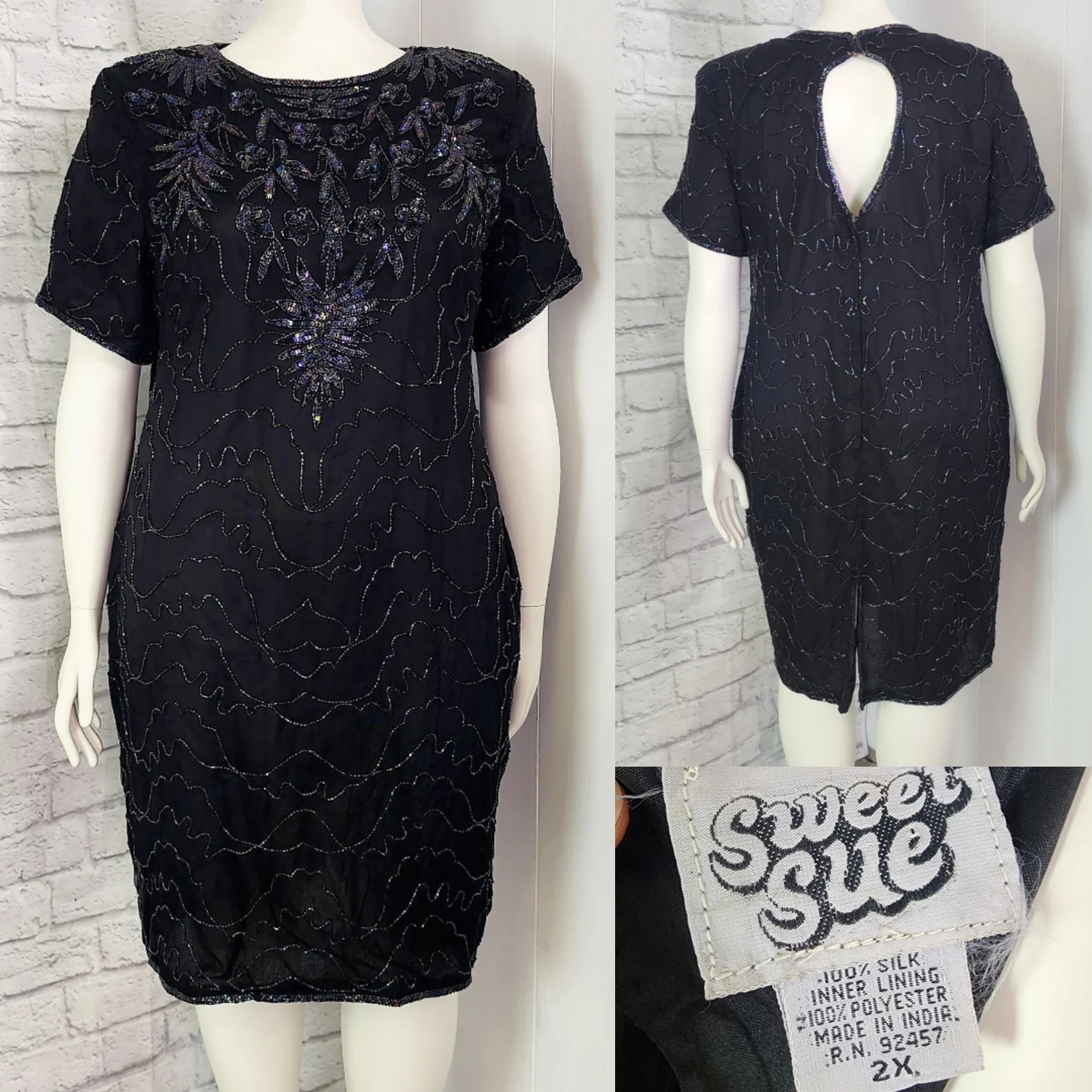 80s/90s Black Iridescent Beaded Silk Dress Keyhole Back By Sweet Sue - Image 3