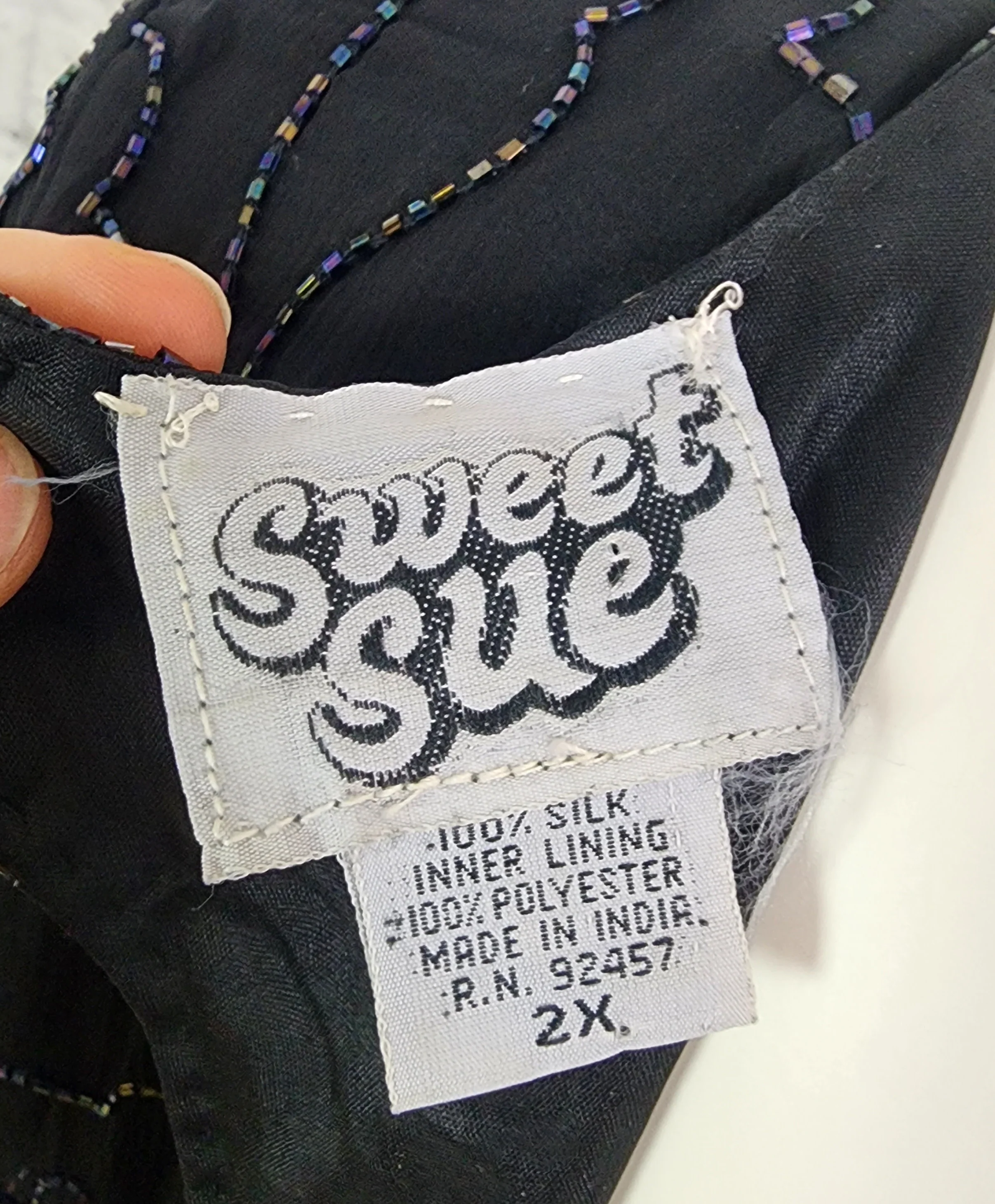 80s/90s Black Iridescent Beaded Silk Dress Keyhole Back By Sweet Sue - Image 4