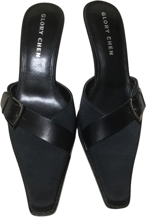 80s/90s Black Kitten Heel Slides Buckle Details By Glory Chen