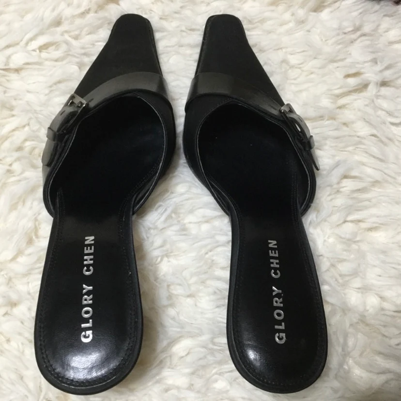 80s/90s Black Kitten Heel Slides Buckle Details By Glory Chen - Image 4