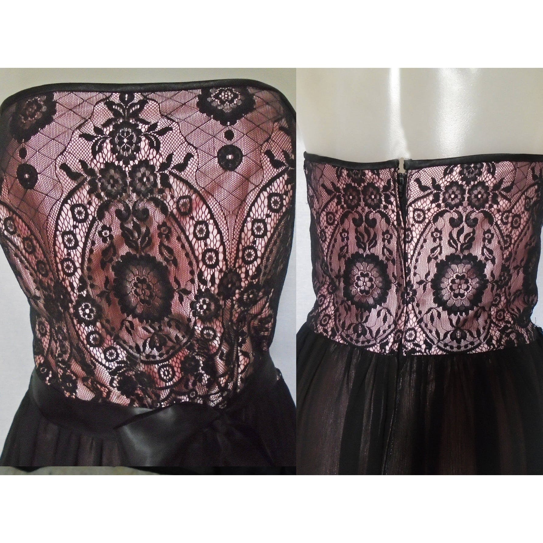 80s/90s Black Lace, Chiffon, Pink Satin Strapless Dress By Jessica McClintock - Image 4
