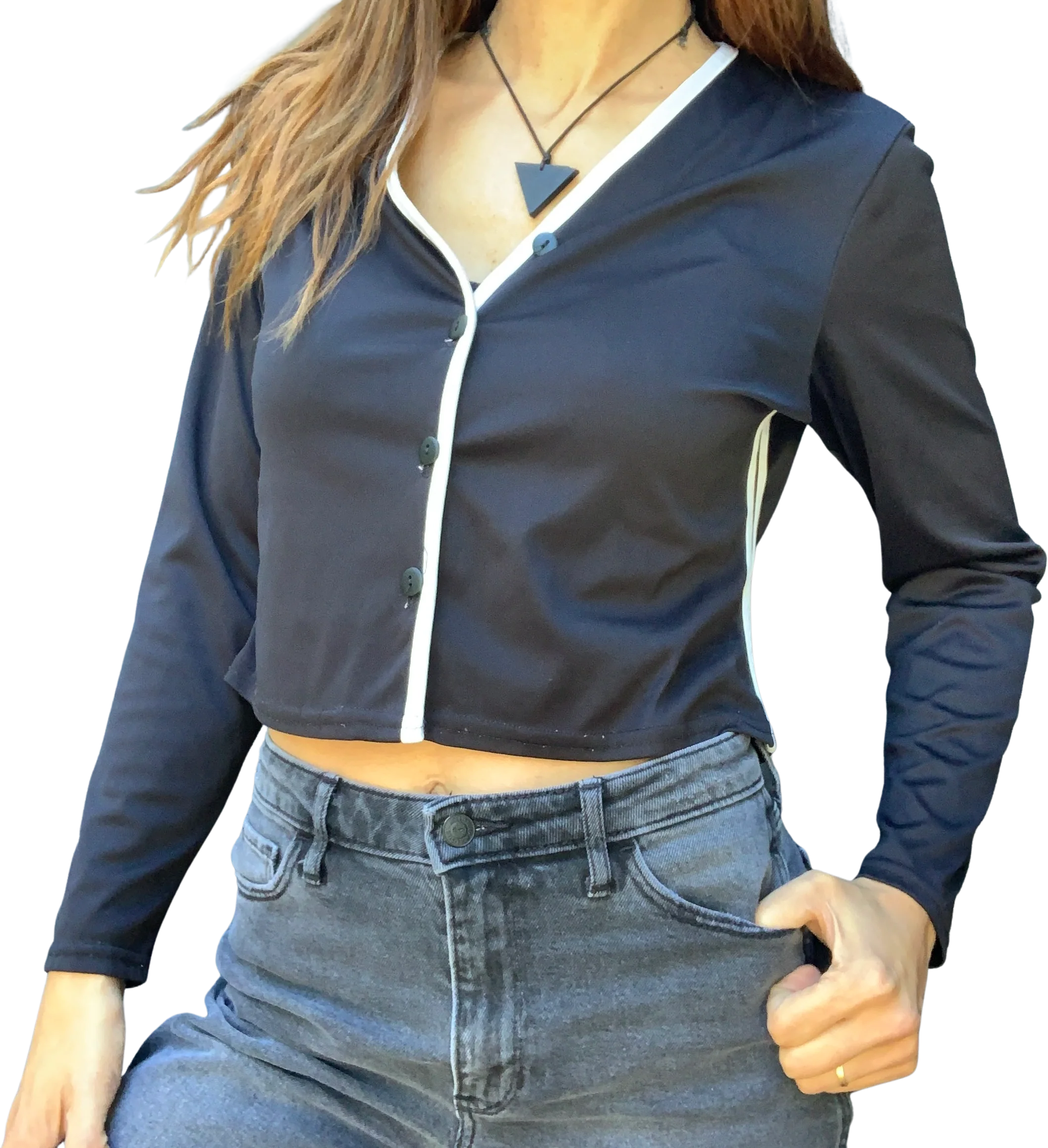 80s/90s Black Long-sleeve Button Down With White Trim By Chill Out