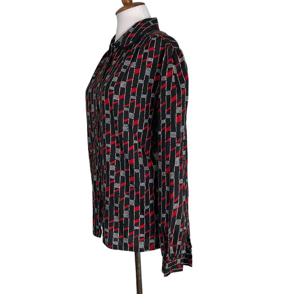 80s/90s Black Red Geometric Button Up Blouse M By Judy Bond - Image 3