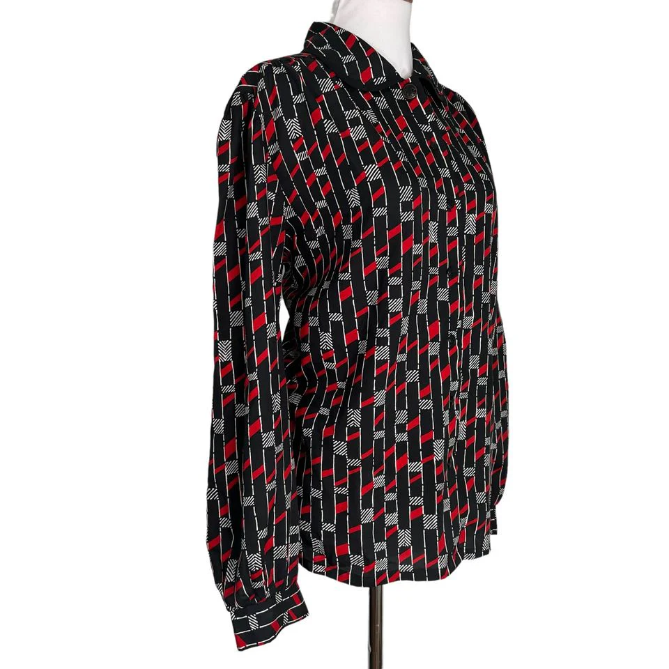 80s/90s Black Red Geometric Button Up Blouse M By Judy Bond - Image 4