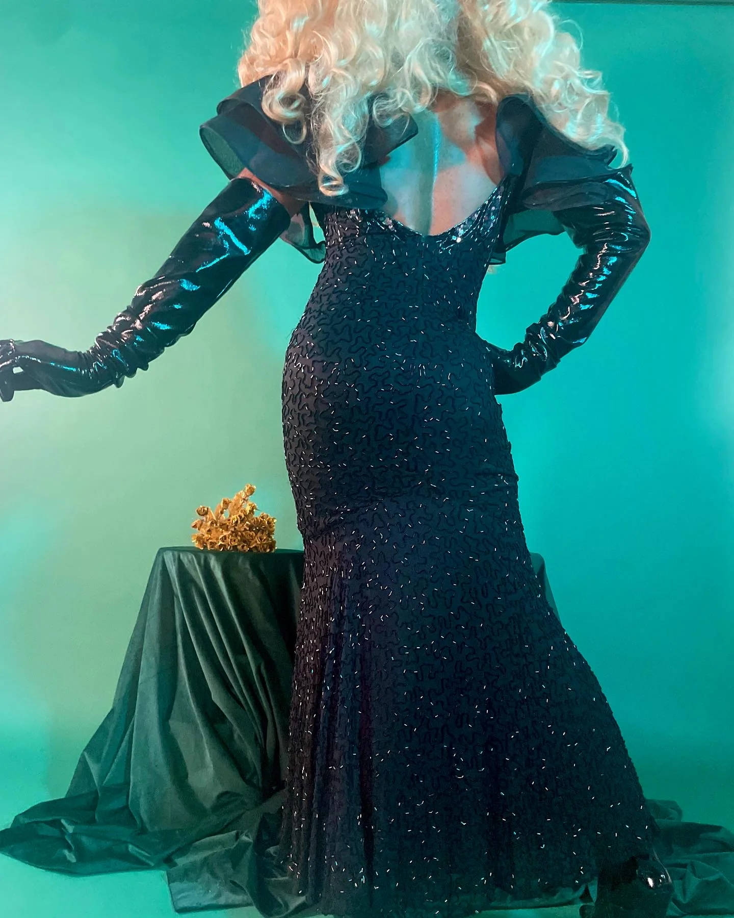 80s/90s Black Silver Beaded Organza Ruffle Mermaid Gown - Image 2