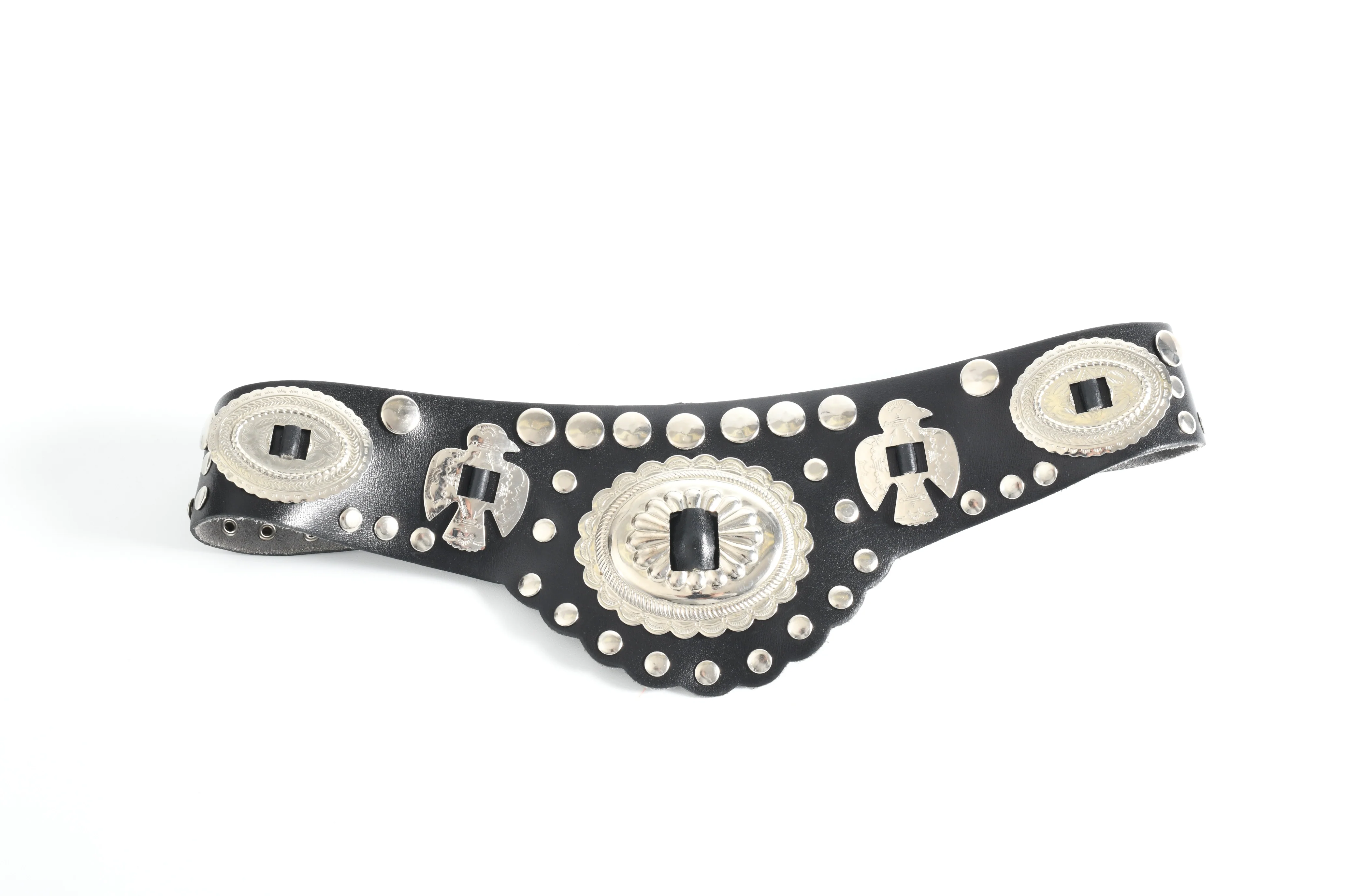 80s/90s Black Studded Wide Leather Thunderbird Concho Belt - Image 6