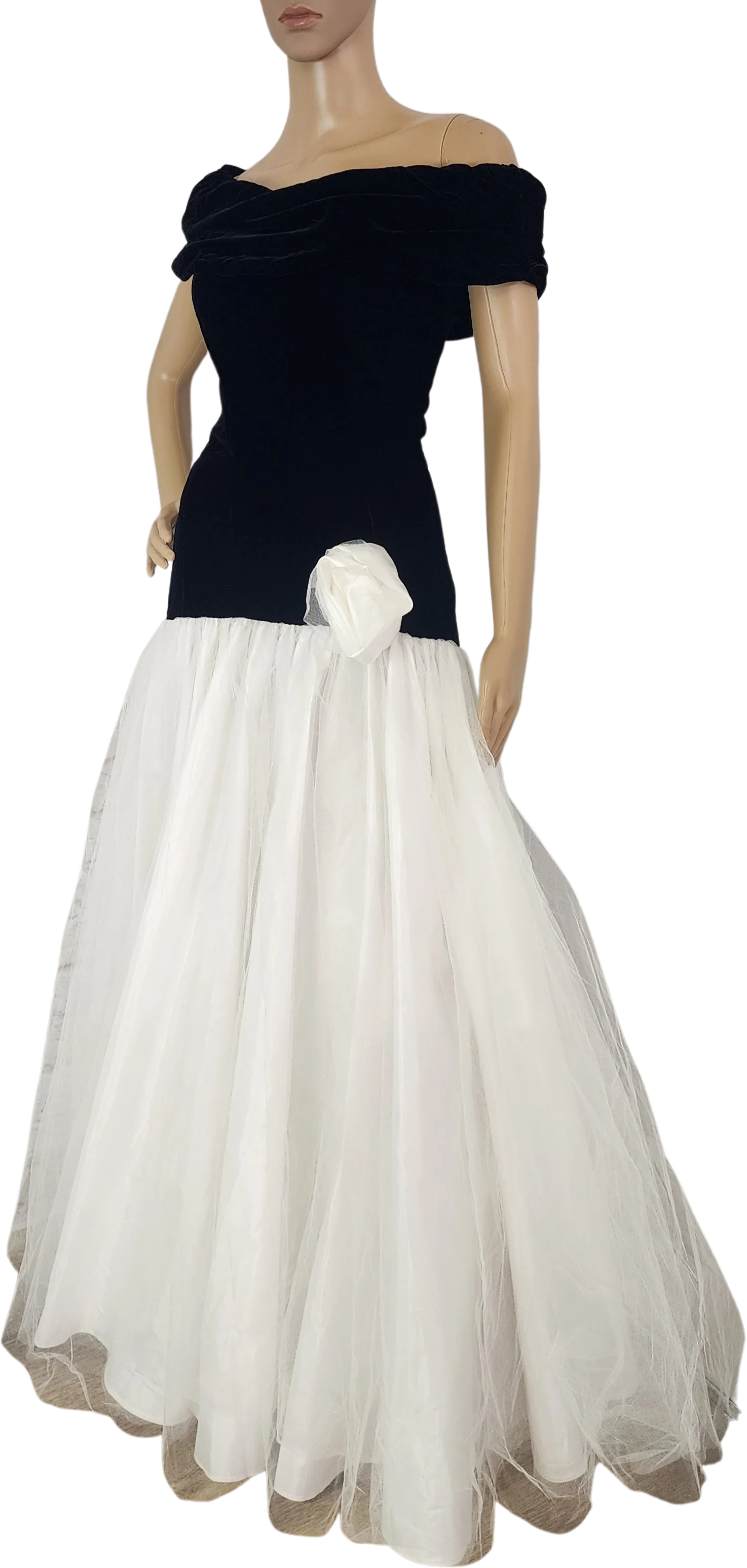 80s/90s Black Velevt White Tulle Mermaid Gown Dress By Whats Up Carol