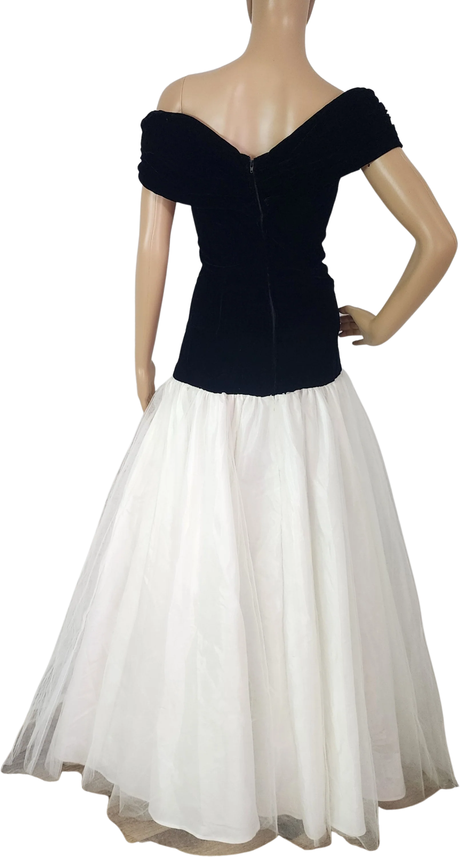 80s/90s Black Velevt White Tulle Mermaid Gown Dress By Whats Up Carol - Image 2