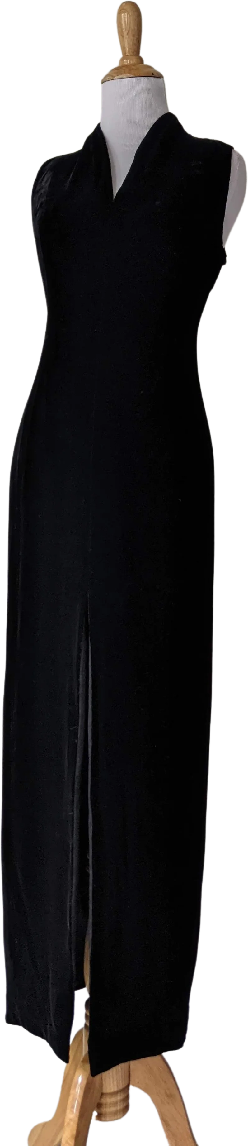 80s/90s Black Velvet And Silk Front Slit Evening Gown By Jones of New York Petites