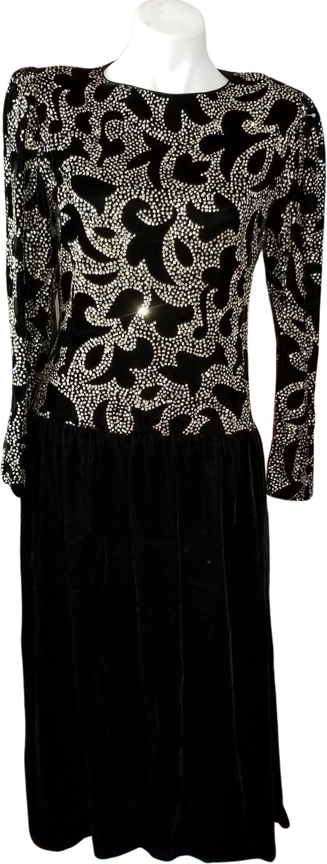 80s/90s Black Velvet Open Back L/s Midi Gown Dress By Ricki Lang for Nuit