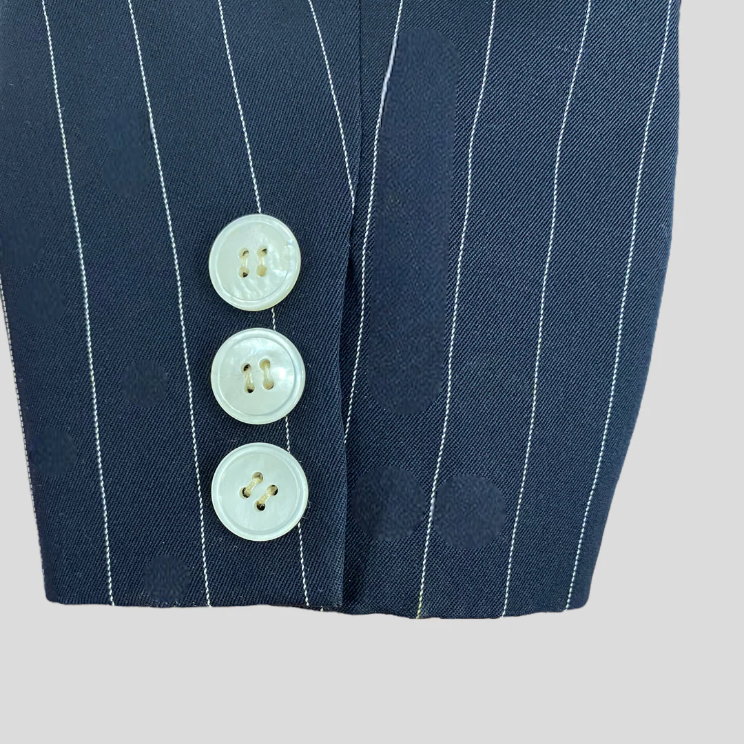 80s/90s Black White Pinstripe Double Breasted Power Blazer By Genny - Image 6