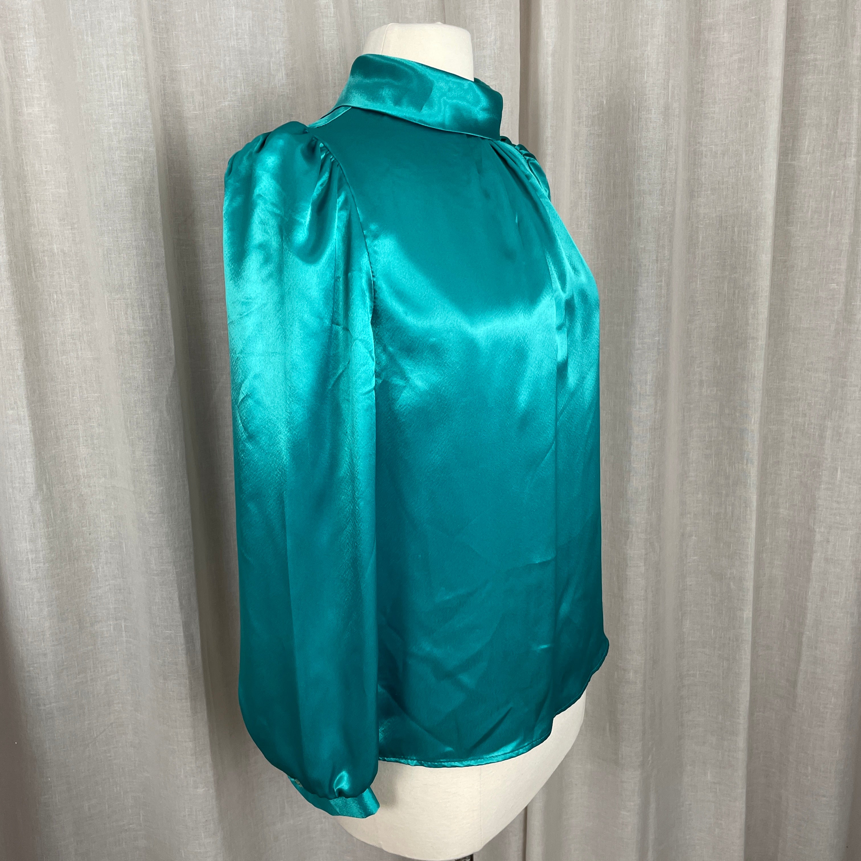 80s/90s Blouse Medium Teal Satin Long Sleeve High Neck By Hot Stuff - Image 6