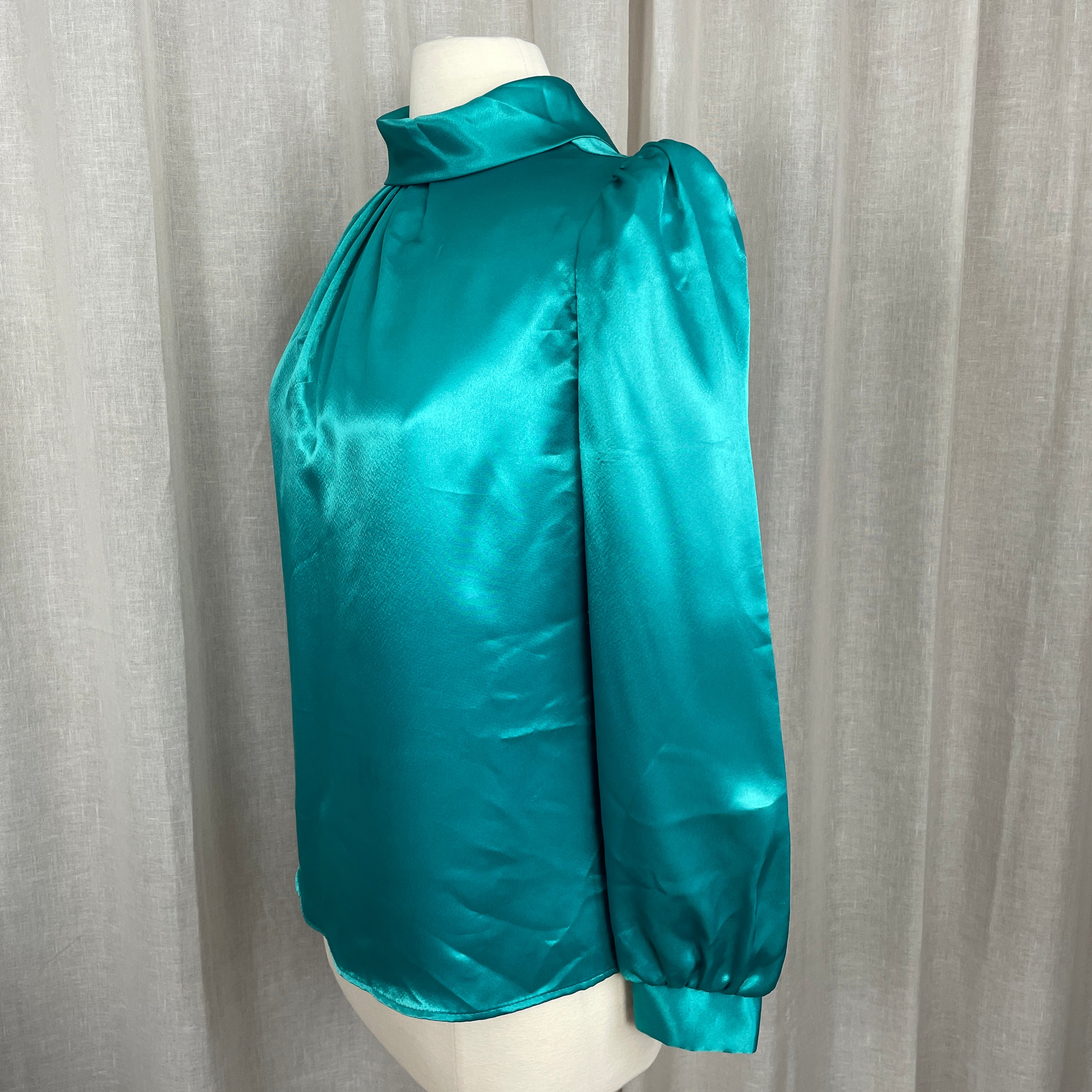 80s/90s Blouse Medium Teal Satin Long Sleeve High Neck By Hot Stuff - Image 7