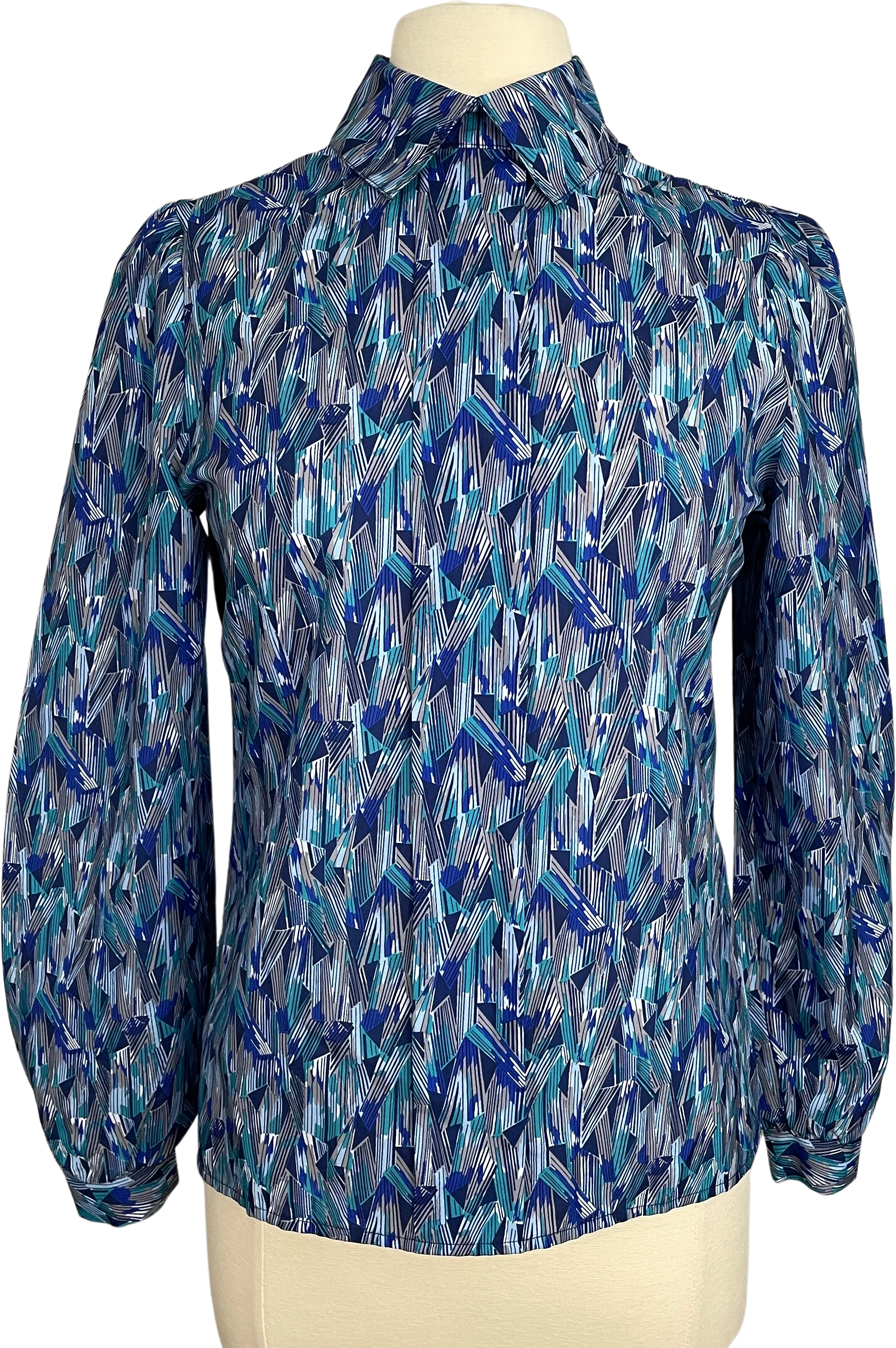 80s/90s Blouse Size 6 Blue Green Geometric Long Sleeve By Kevin Stuart Collectibles