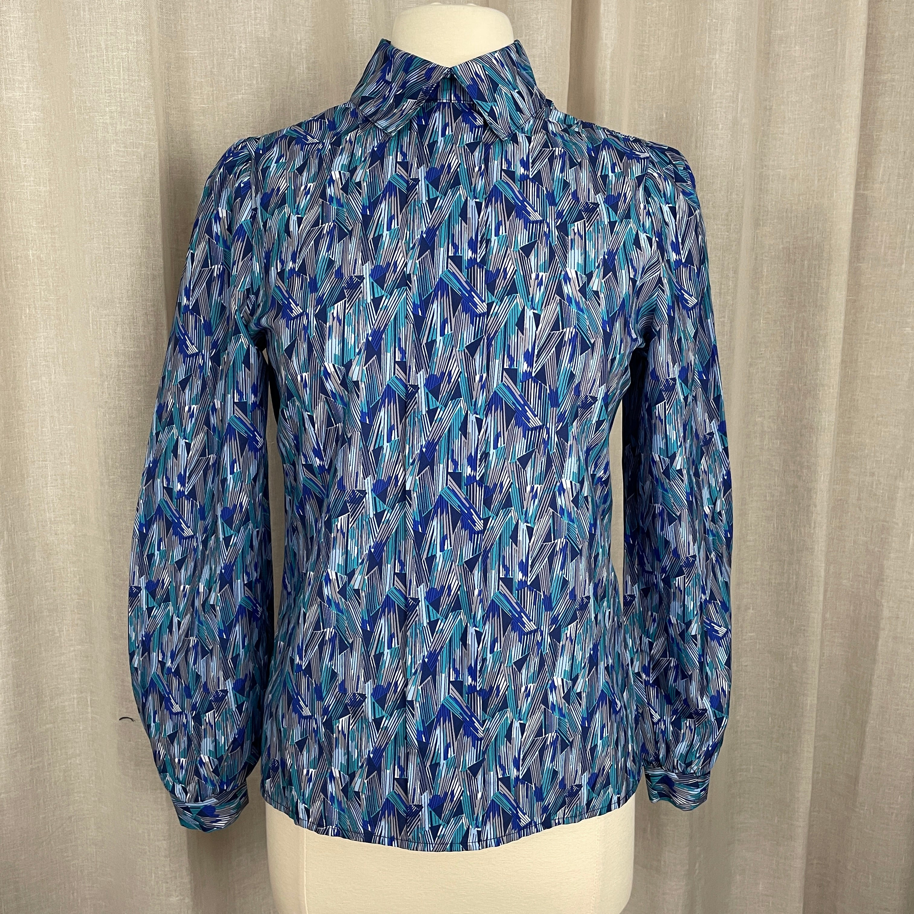 80s/90s Blouse Size 6 Blue Green Geometric Long Sleeve By Kevin Stuart Collectibles - Image 3