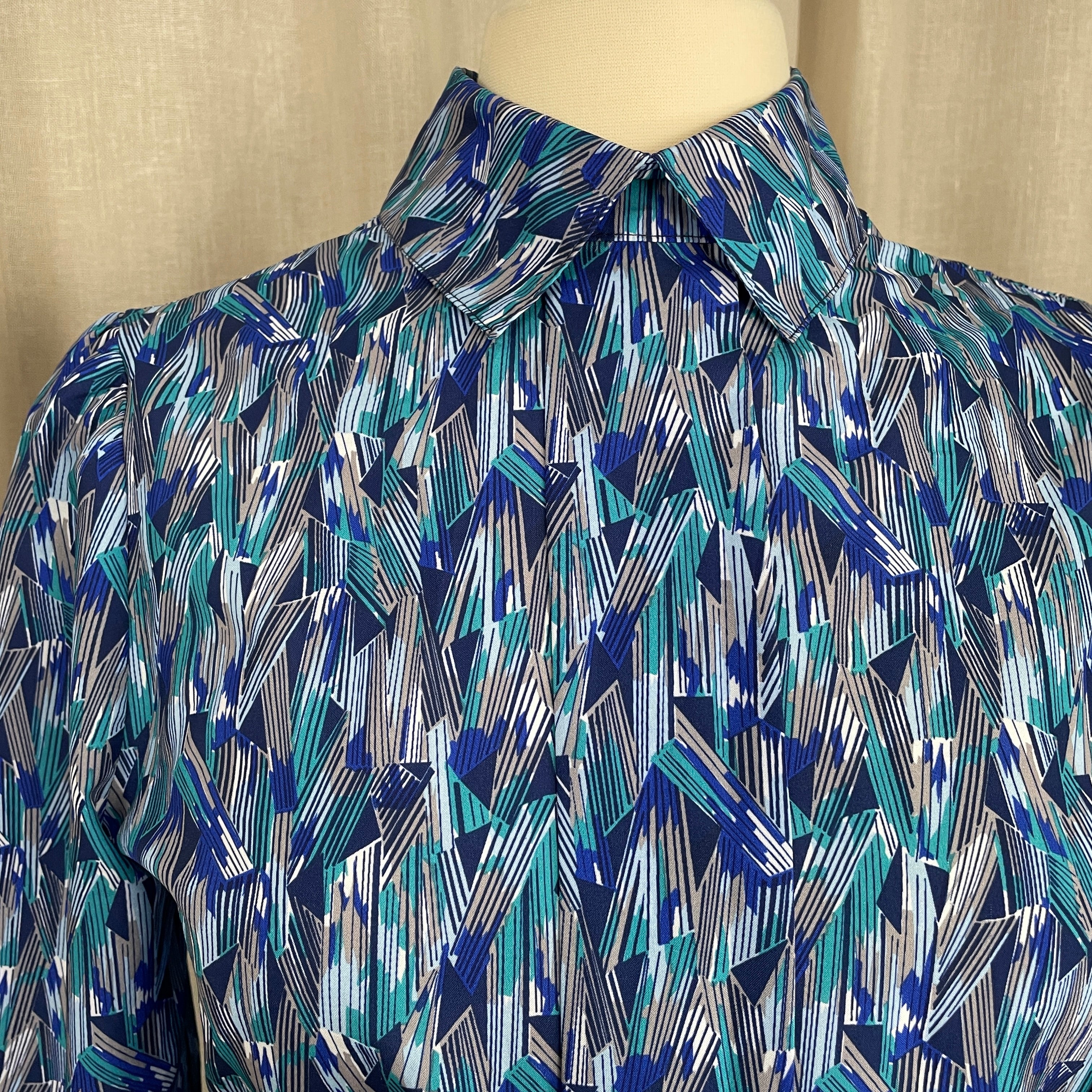 80s/90s Blouse Size 6 Blue Green Geometric Long Sleeve By Kevin Stuart Collectibles - Image 4