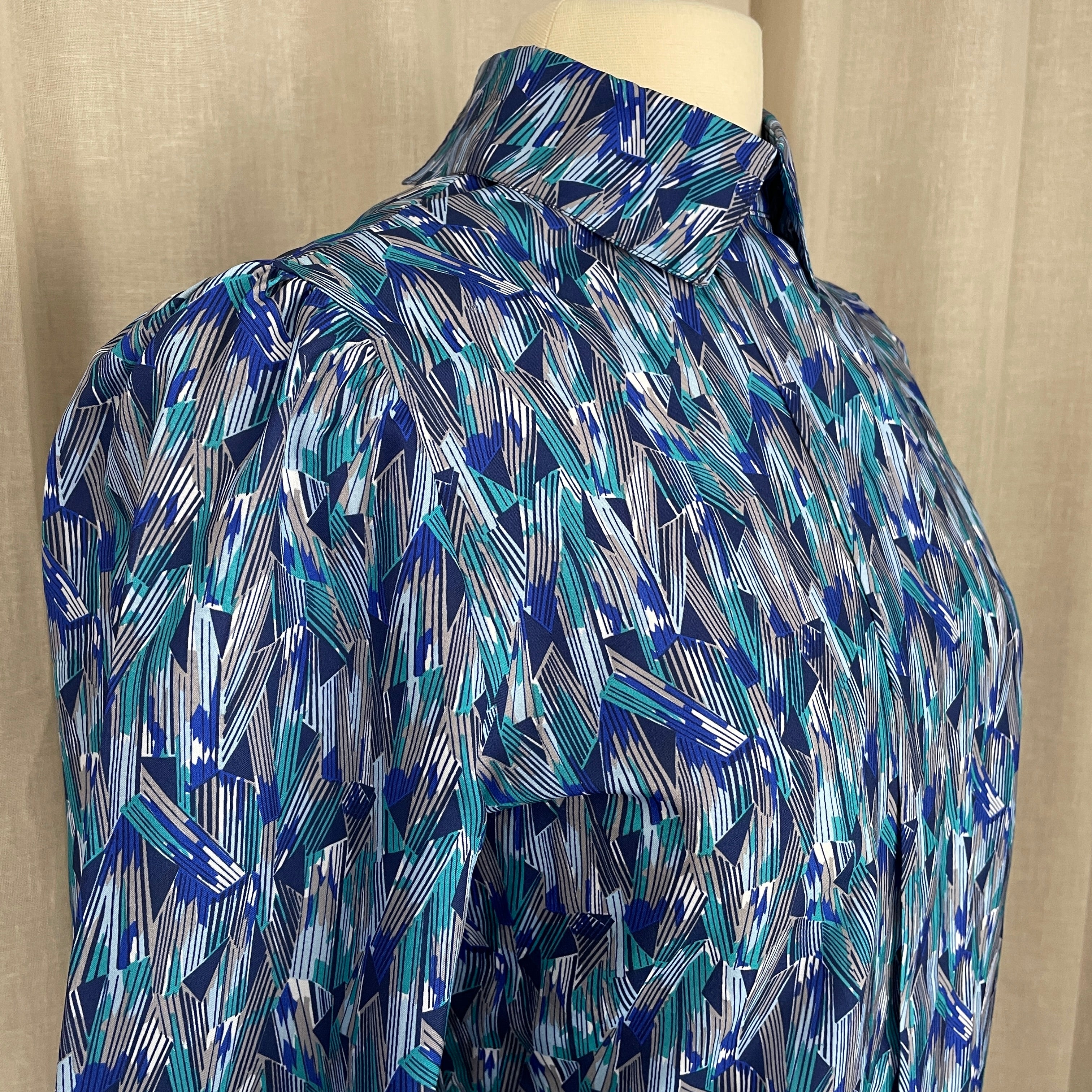 80s/90s Blouse Size 6 Blue Green Geometric Long Sleeve By Kevin Stuart Collectibles - Image 5