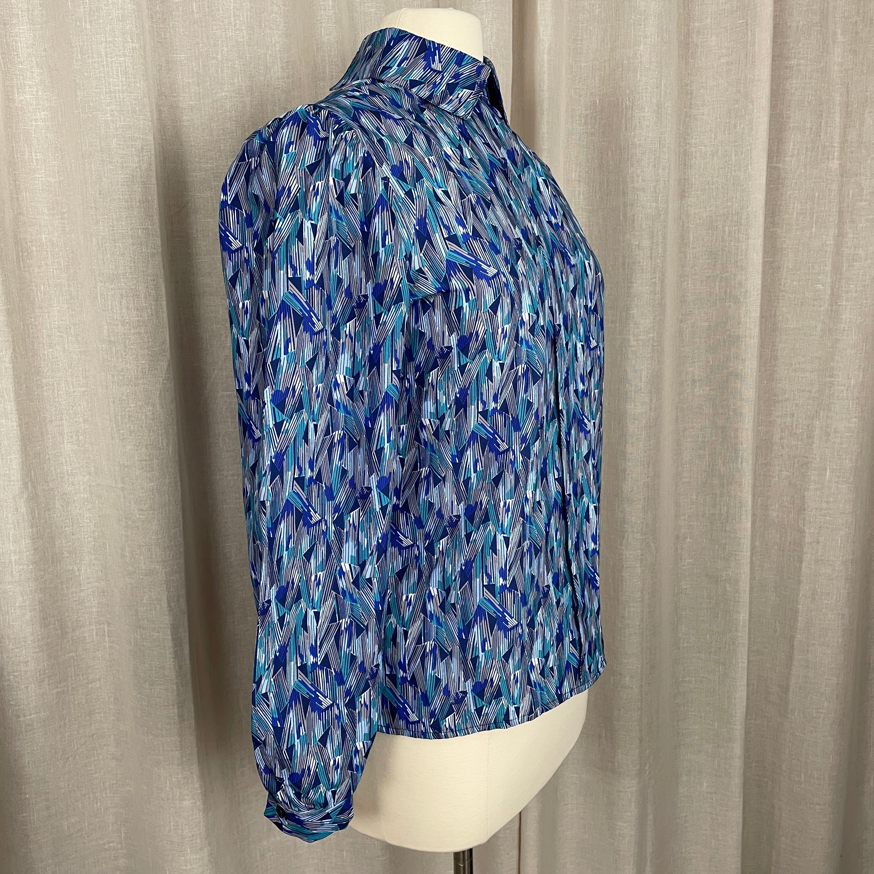 80s/90s Blouse Size 6 Blue Green Geometric Long Sleeve By Kevin Stuart Collectibles - Image 6