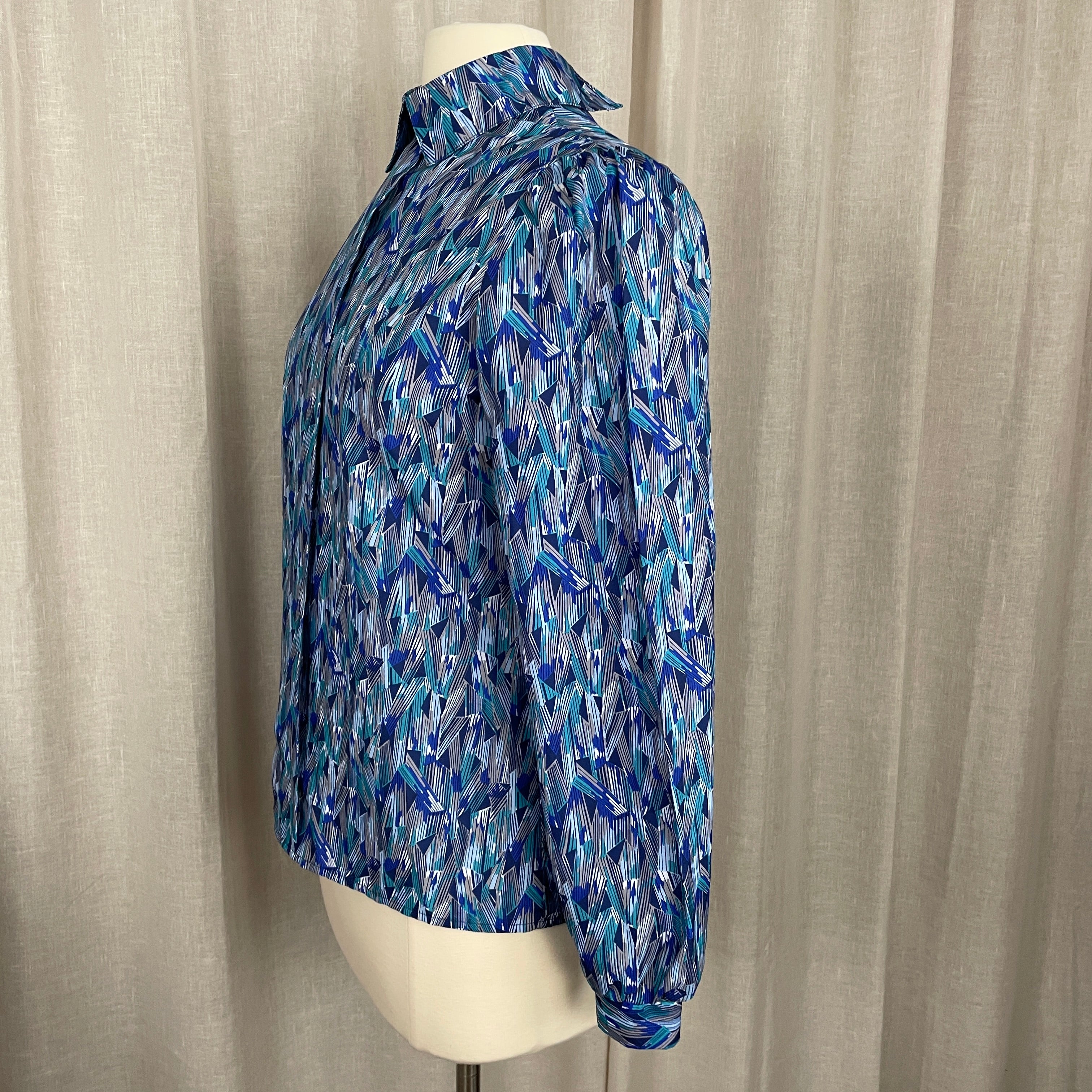 80s/90s Blouse Size 6 Blue Green Geometric Long Sleeve By Kevin Stuart Collectibles - Image 7