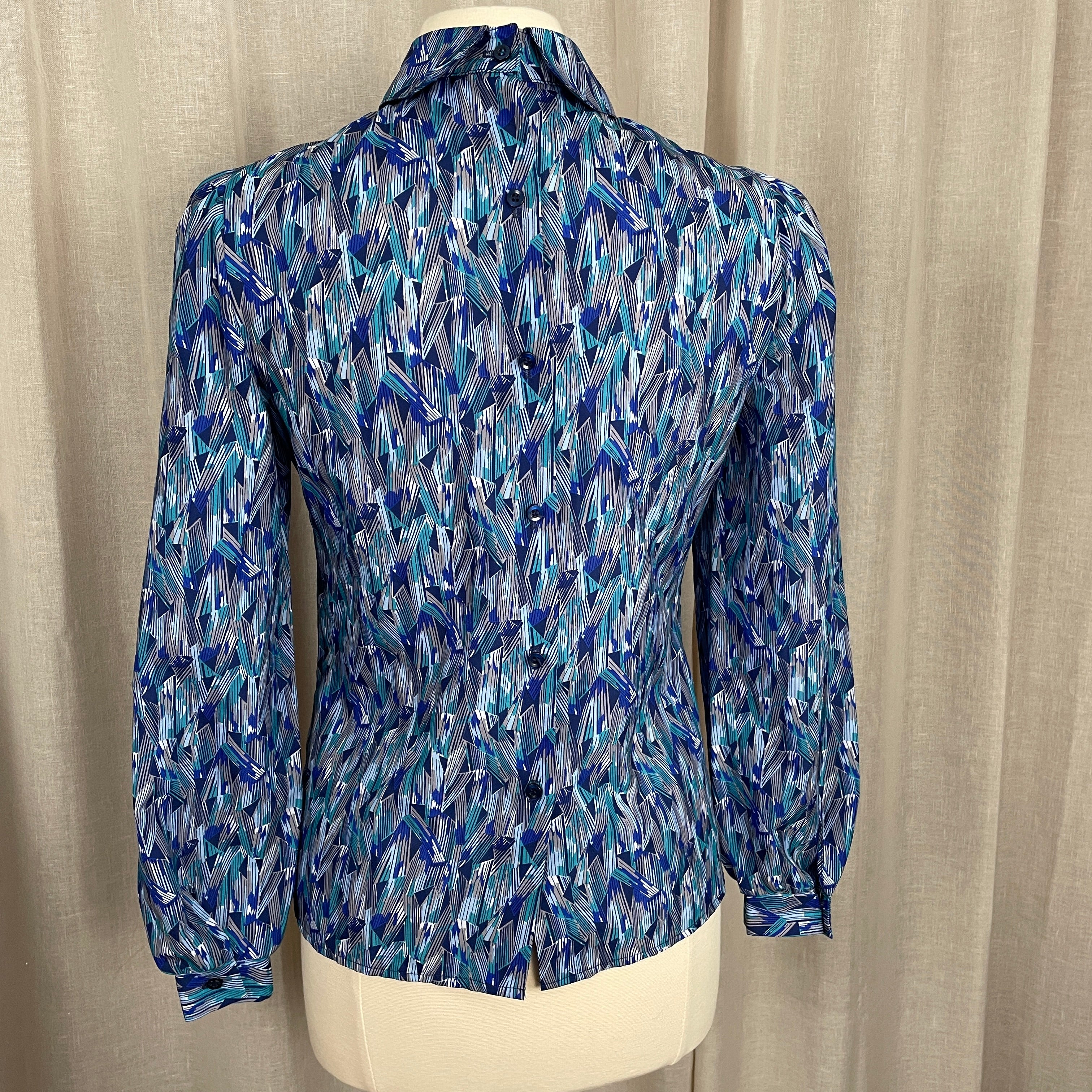 80s/90s Blouse Size 6 Blue Green Geometric Long Sleeve By Kevin Stuart Collectibles - Image 8