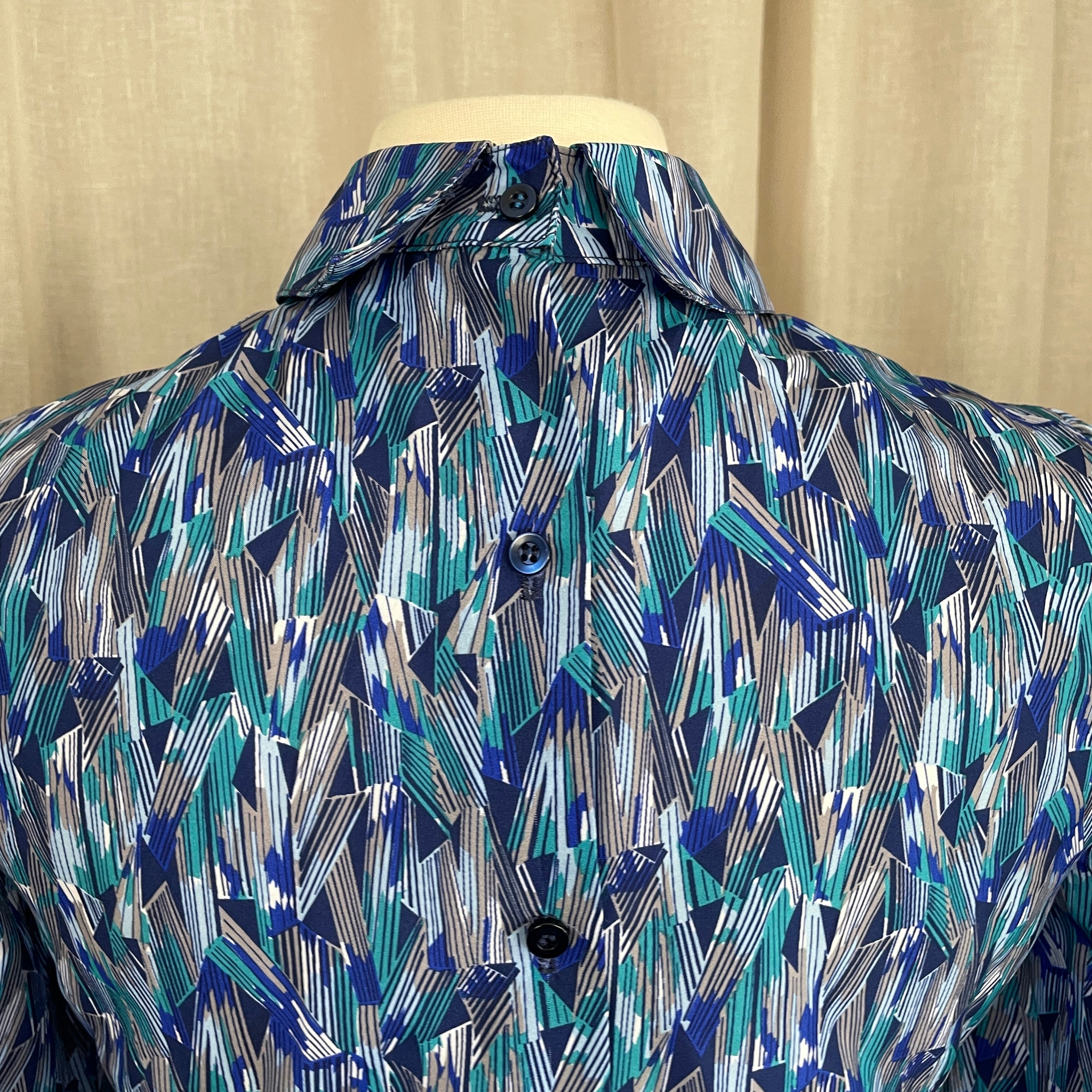 80s/90s Blouse Size 6 Blue Green Geometric Long Sleeve By Kevin Stuart Collectibles - Image 9