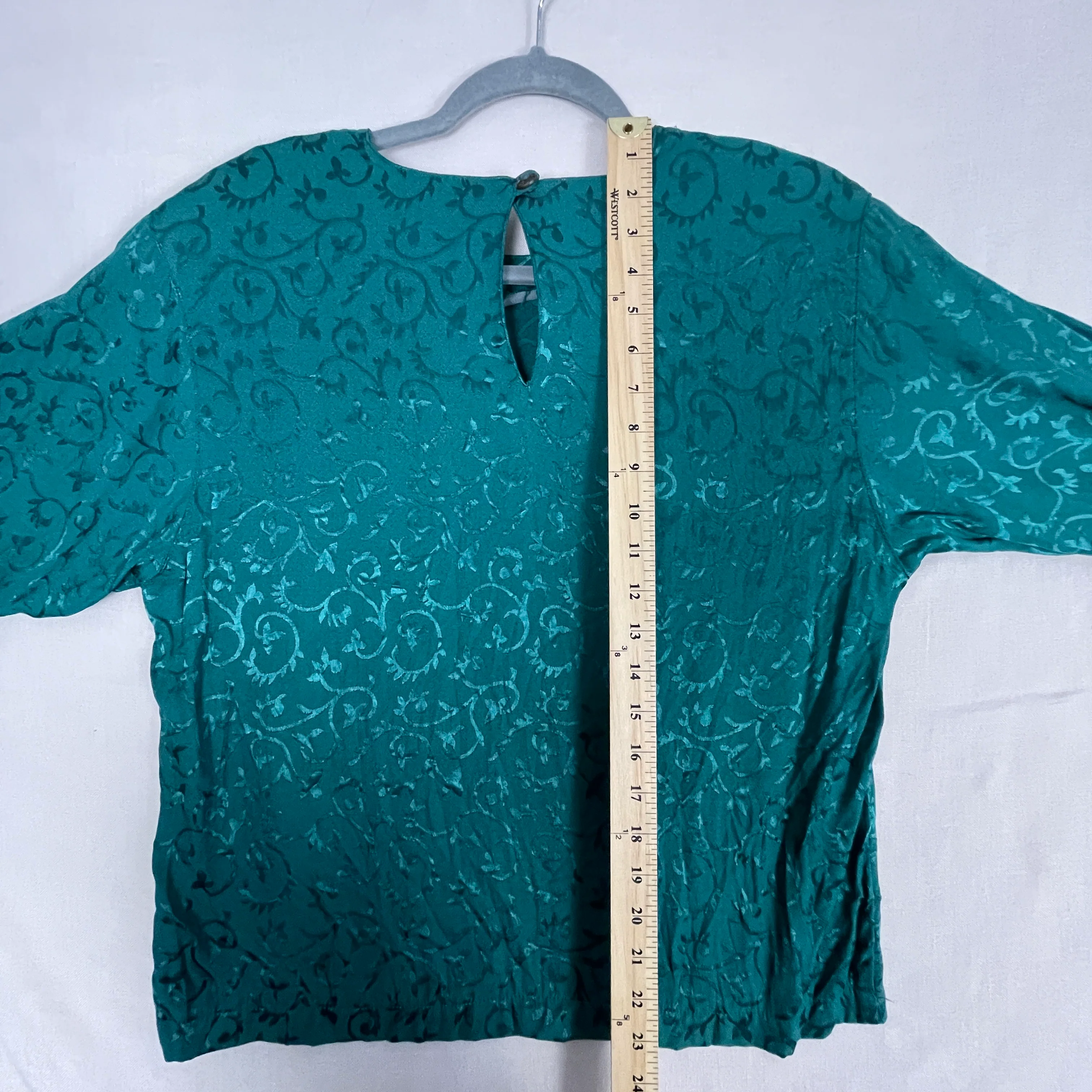 80s/90s Blouse Size 8 Green Floral Jacquard Long Sleeve By Carole Little - Image 10