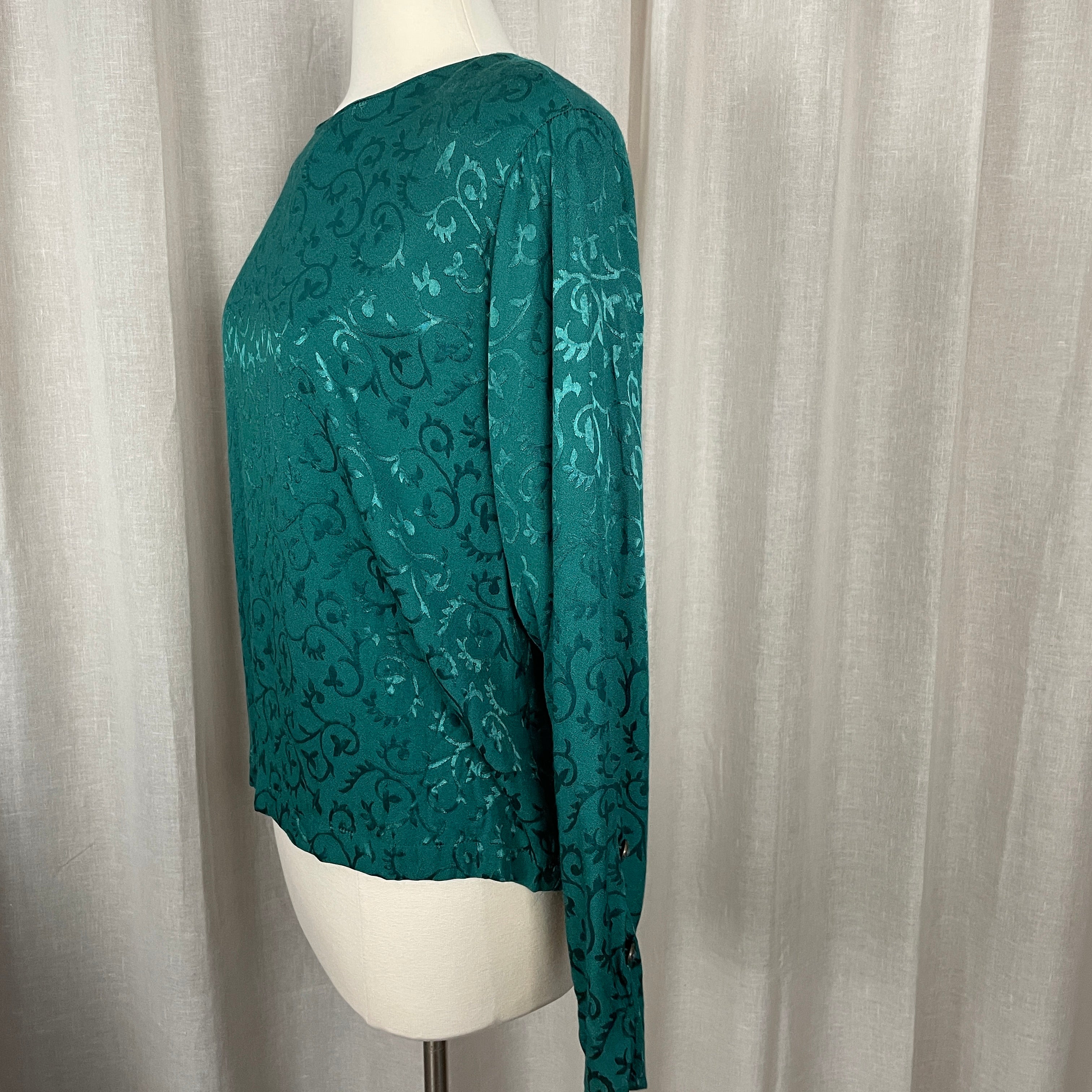 80s/90s Blouse Size 8 Green Floral Jacquard Long Sleeve By Carole Little - Image 7