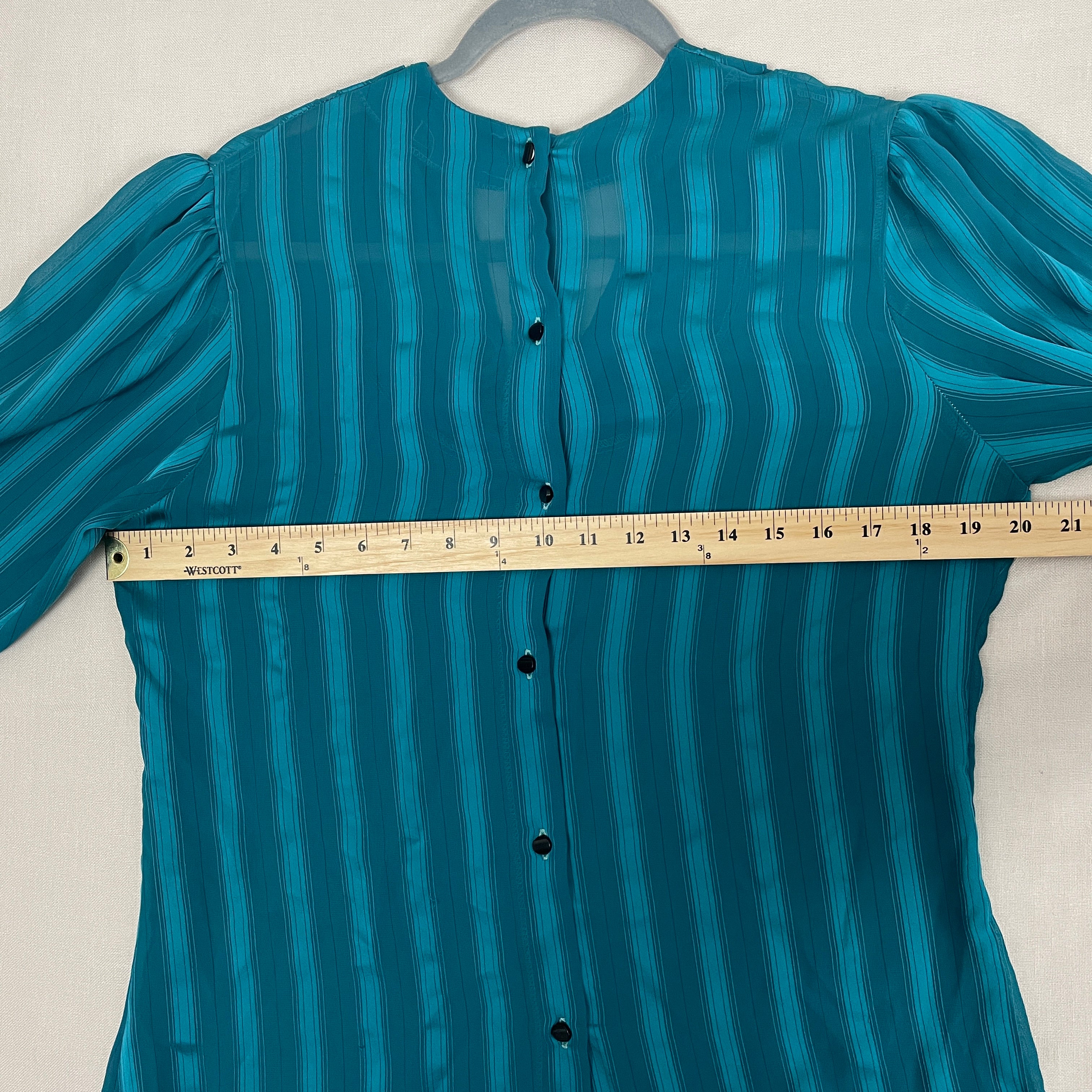 80s/90s Blouse Small Teal Green Sheer Stripe Cowl Neck By Cachare - Image 12