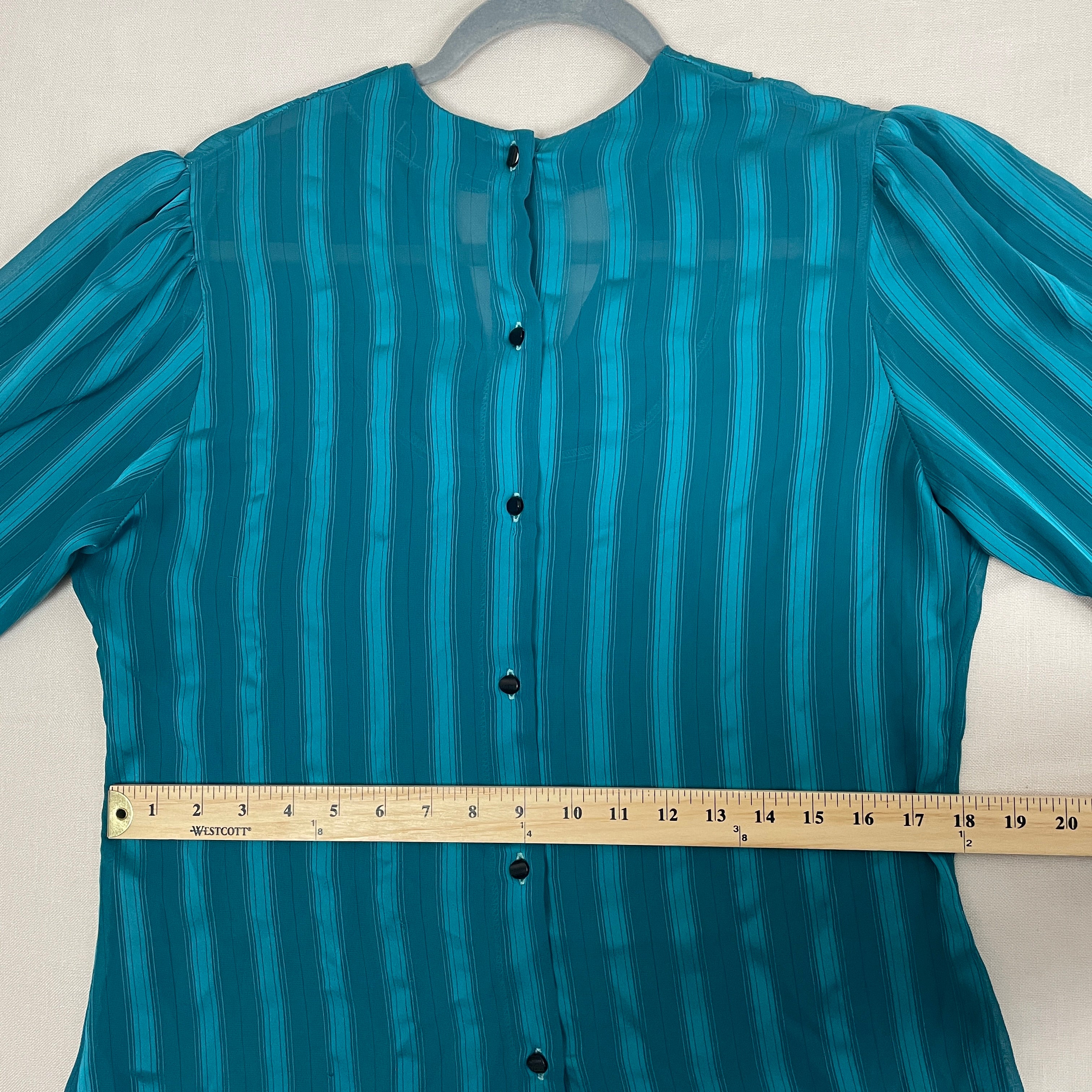 80s/90s Blouse Small Teal Green Sheer Stripe Cowl Neck By Cachare - Image 13