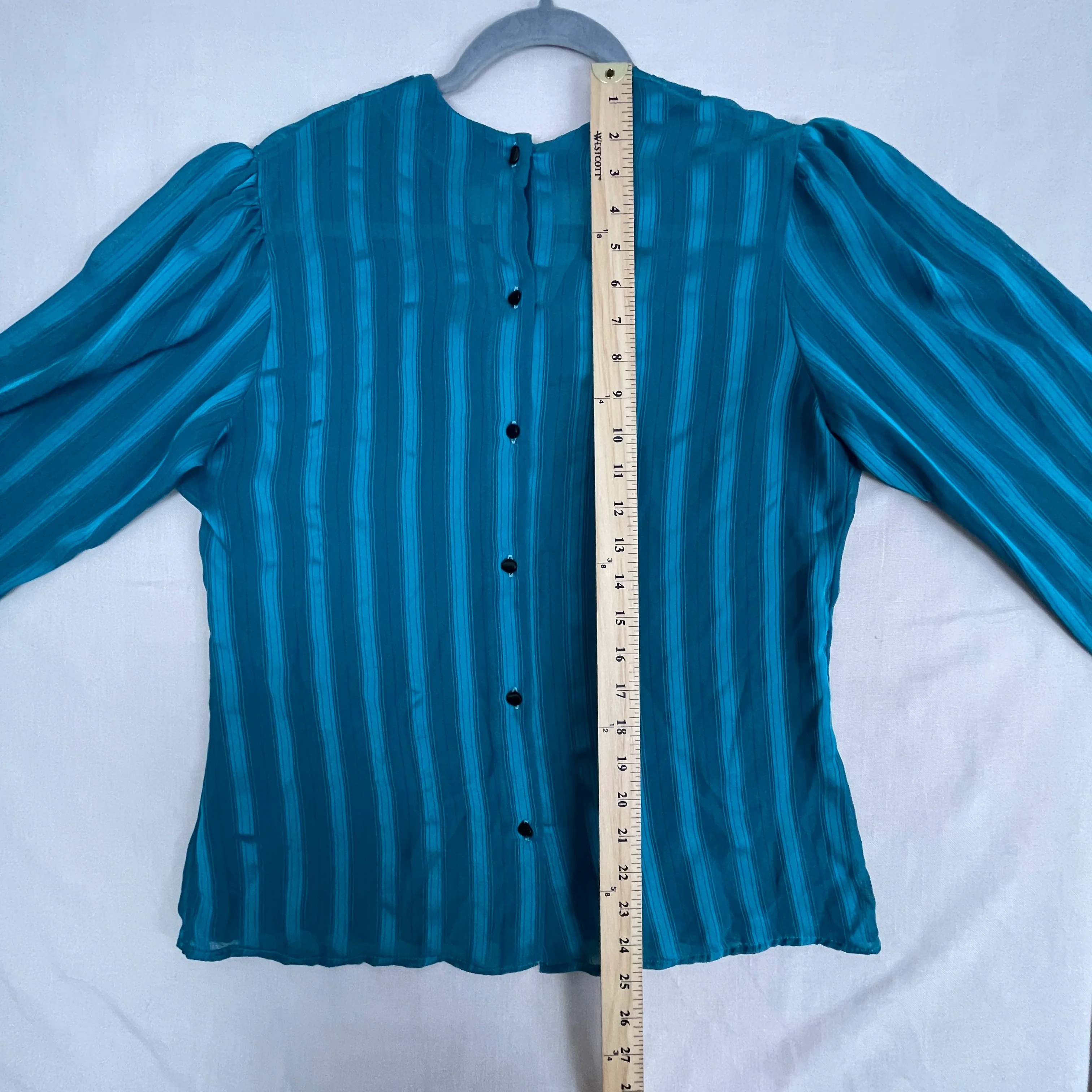80s/90s Blouse Small Teal Green Sheer Stripe Cowl Neck By Cachare - Image 14