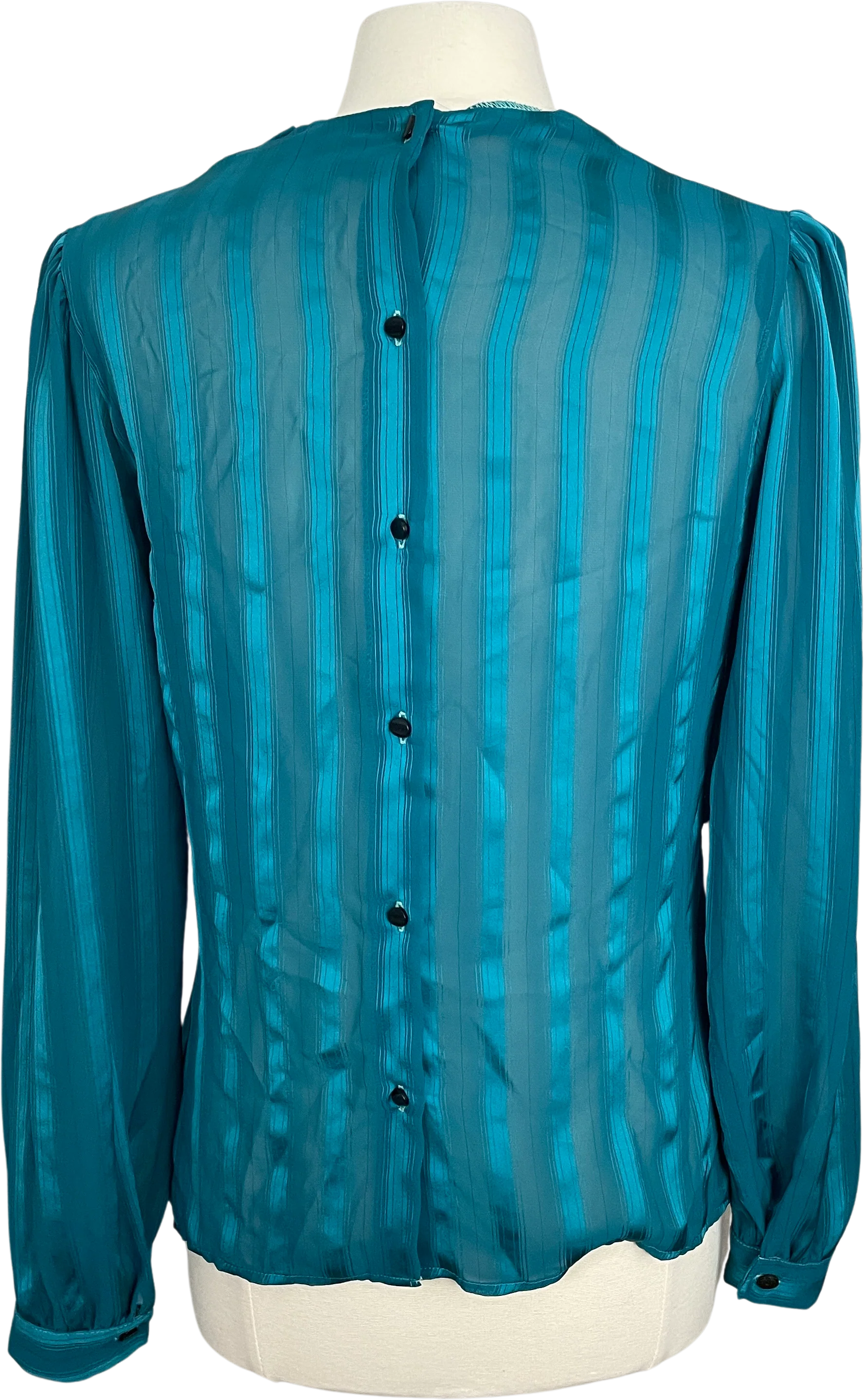 80s/90s Blouse Small Teal Green Sheer Stripe Cowl Neck By Cachare - Image 2